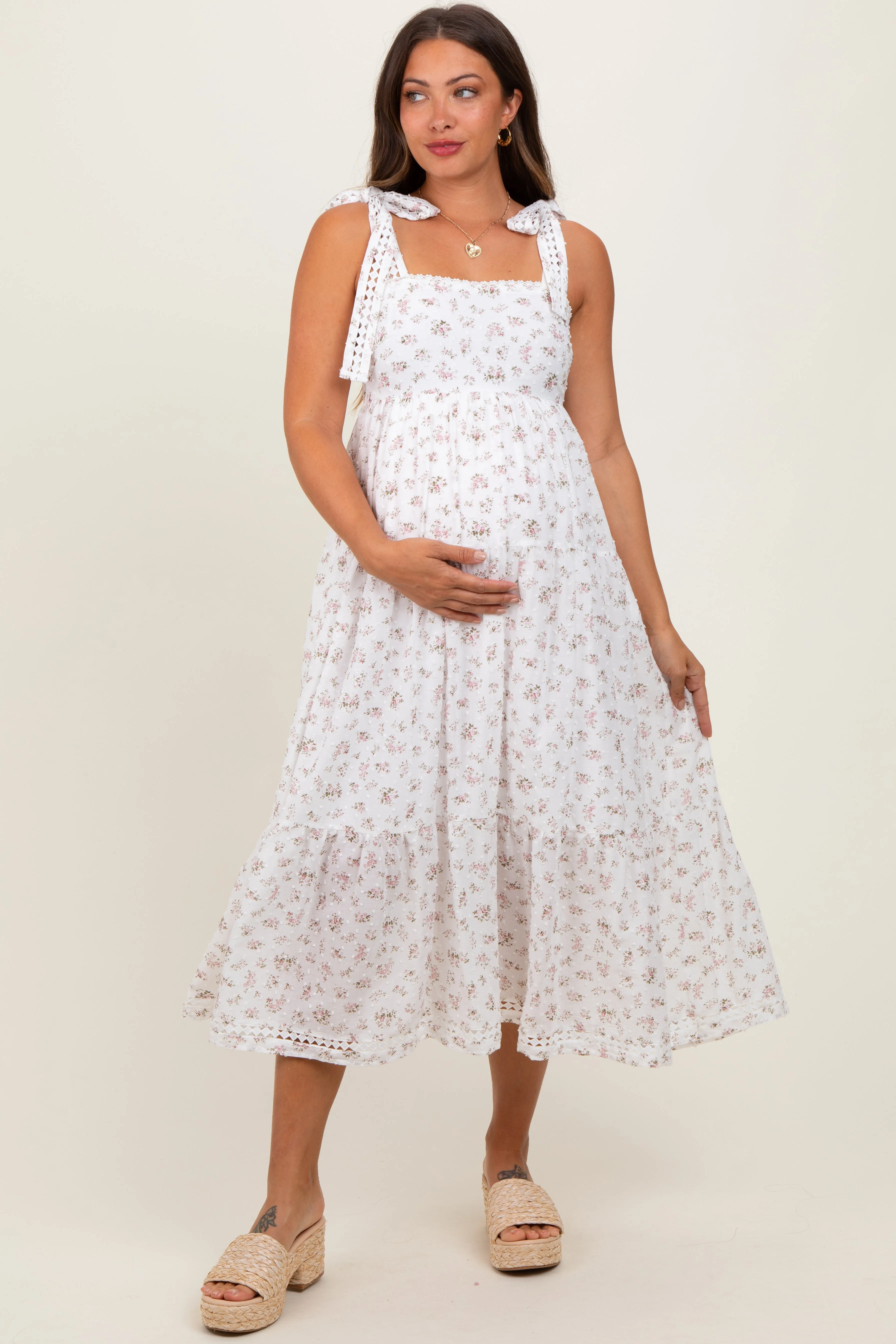 Light Pink Floral Shoulder Tie Maternity Midi Dress sold by Pinkblush product image thumbnail 2