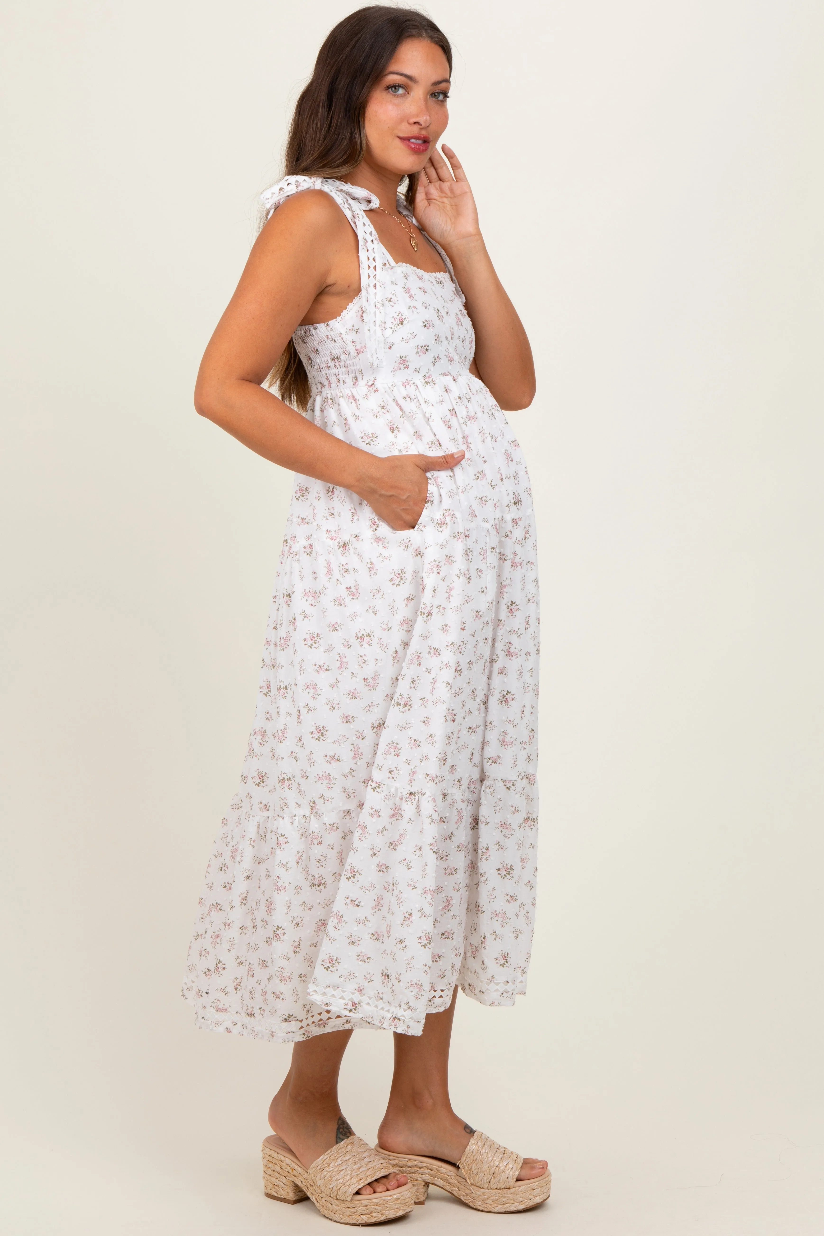 Light Pink Floral Shoulder Tie Maternity Midi Dress sold by Pinkblush product image thumbnail 3