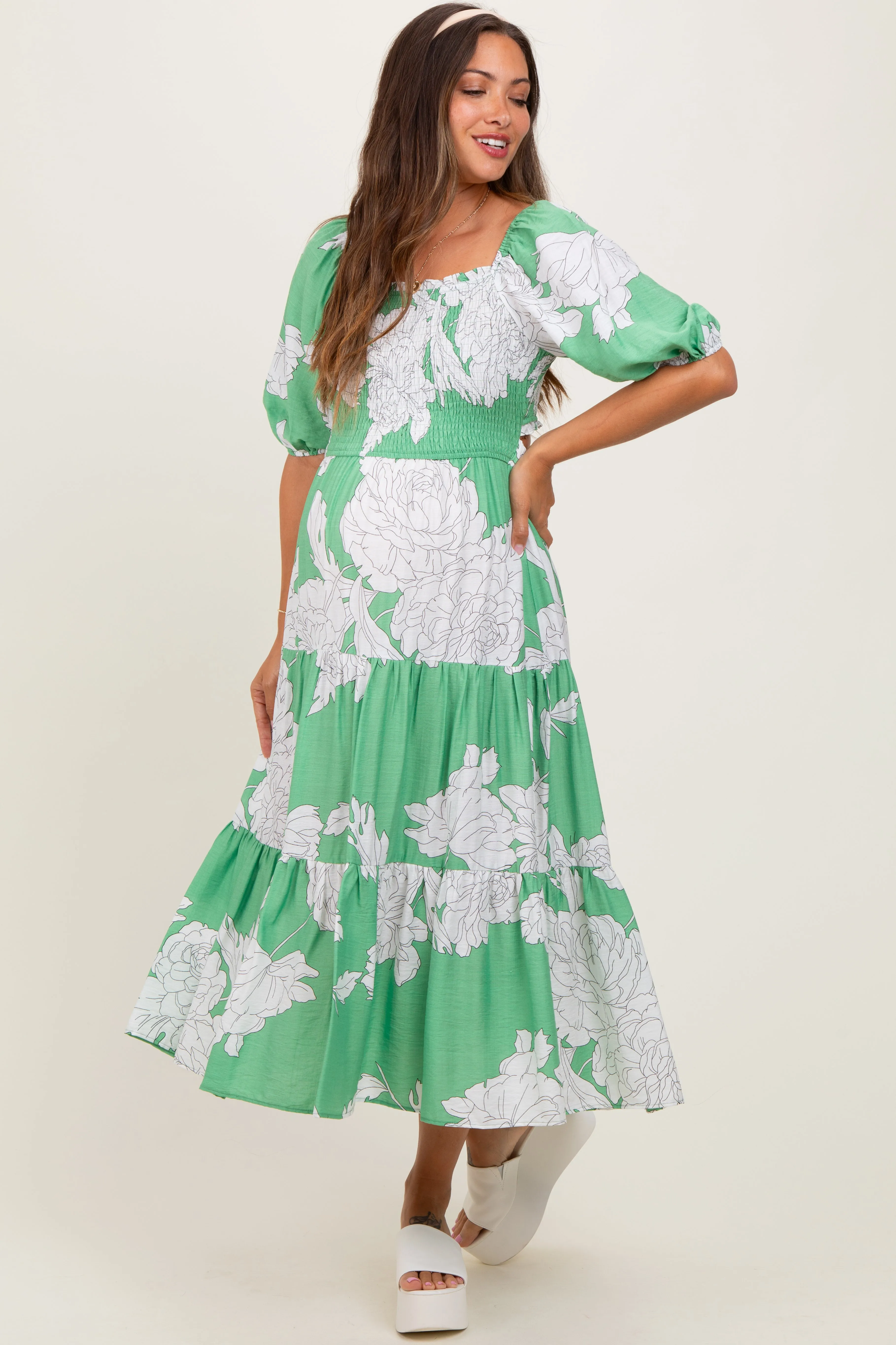 Green Floral Smocked Front Tie Cutout Maternity Maxi Dress sold by Pinkblush product image thumbnail 2