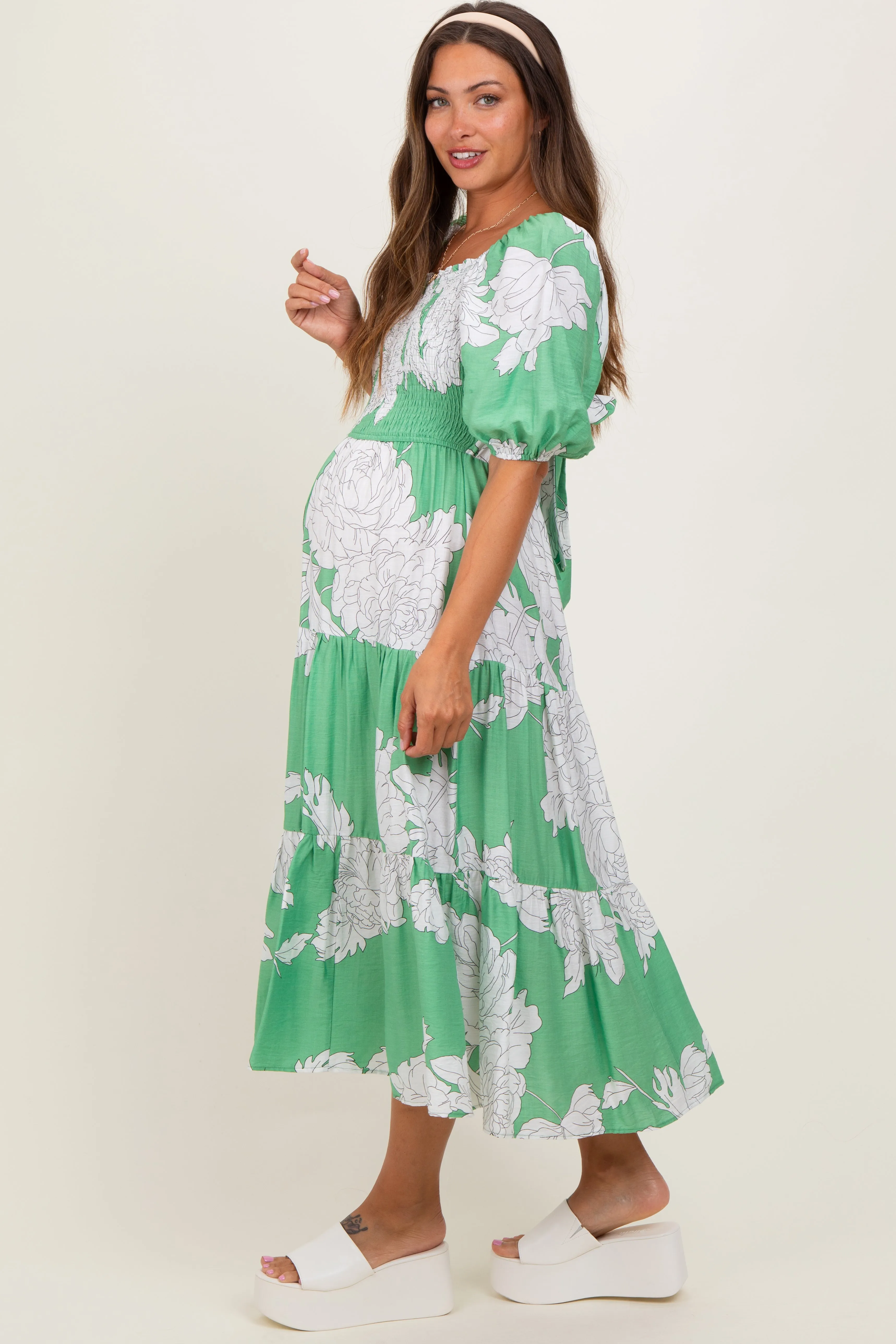 Green Floral Smocked Front Tie Cutout Maternity Maxi Dress sold by Pinkblush product image thumbnail 3