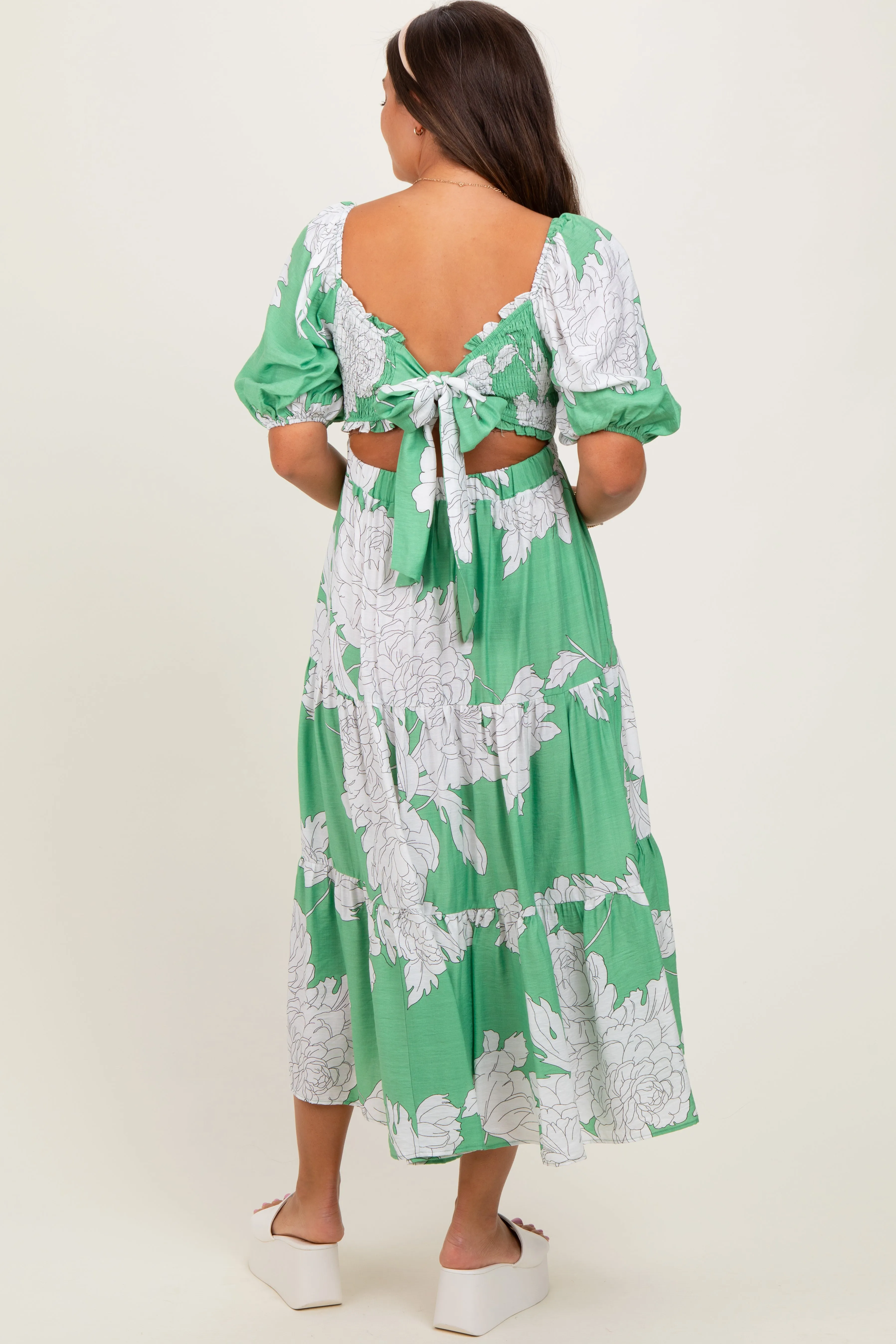 Green Floral Smocked Front Tie Cutout Maternity Maxi Dress sold by Pinkblush product image thumbnail 4