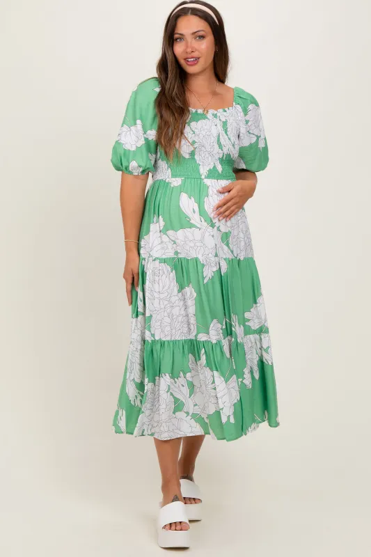 Green Floral Smocked Front Tie Cutout Maternity Maxi Dress sold by Pinkblush