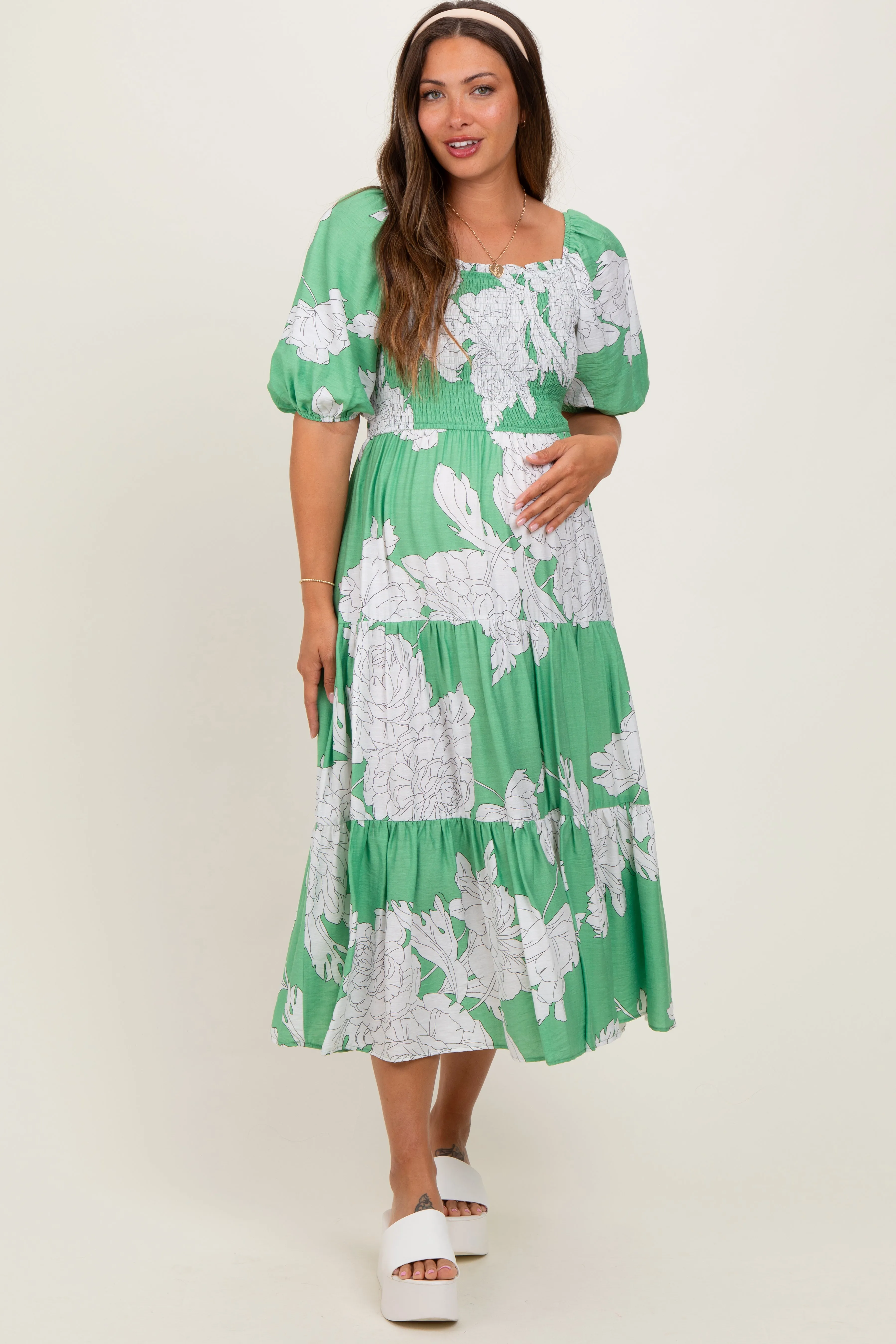 Green Floral Smocked Front Tie Cutout Maternity Maxi Dress sold by Pinkblush