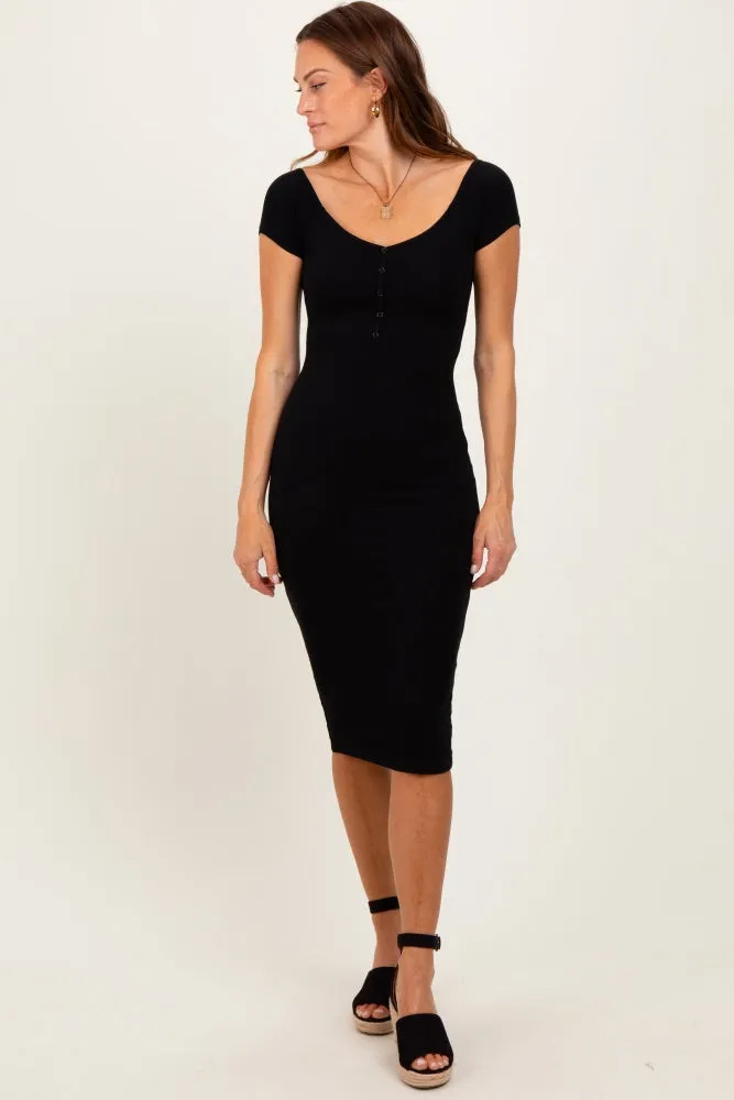 Black Ribbed Wide Neckline Fitted Midi Dress sold by Pinkblush product image thumbnail 2