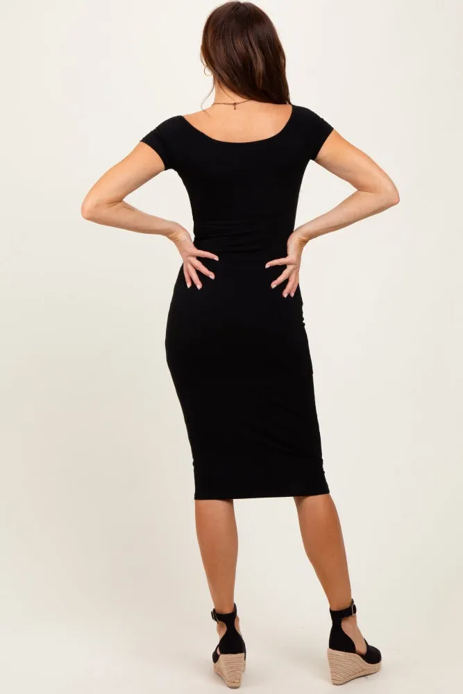 Black Ribbed Wide Neckline Fitted Midi Dress sold by Pinkblush product image thumbnail 4
