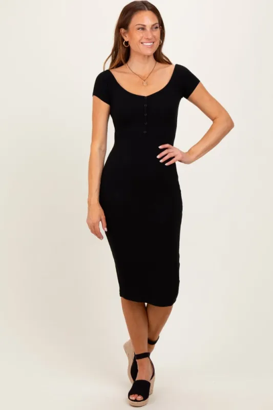 Black Ribbed Wide Neckline Fitted Midi Dress sold by Pinkblush