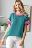 Teal Ribbed Colorblock Detail Short Sleeve Top sold by Pinkblush