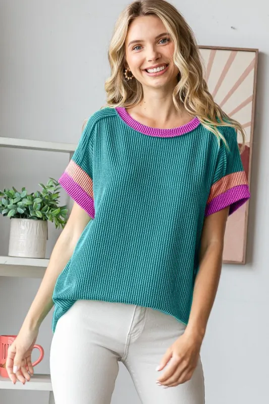 Teal Ribbed Colorblock Detail Short Sleeve Top sold by Pinkblush
