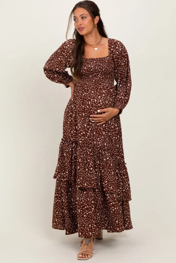 Brown Floral Asymmetrical Ruffle Hem Maternity Maxi Dress sold by Pinkblush