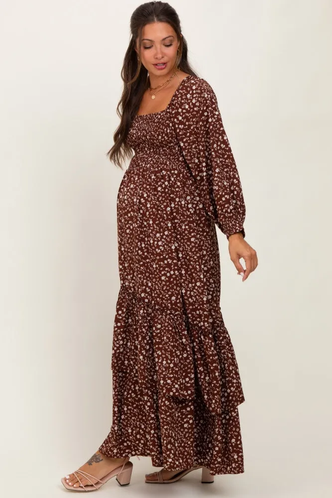 Brown Floral Asymmetrical Ruffle Hem Maternity Maxi Dress sold by Pinkblush product image thumbnail 2
