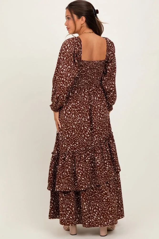 Brown Floral Asymmetrical Ruffle Hem Maternity Maxi Dress sold by Pinkblush product image thumbnail 3