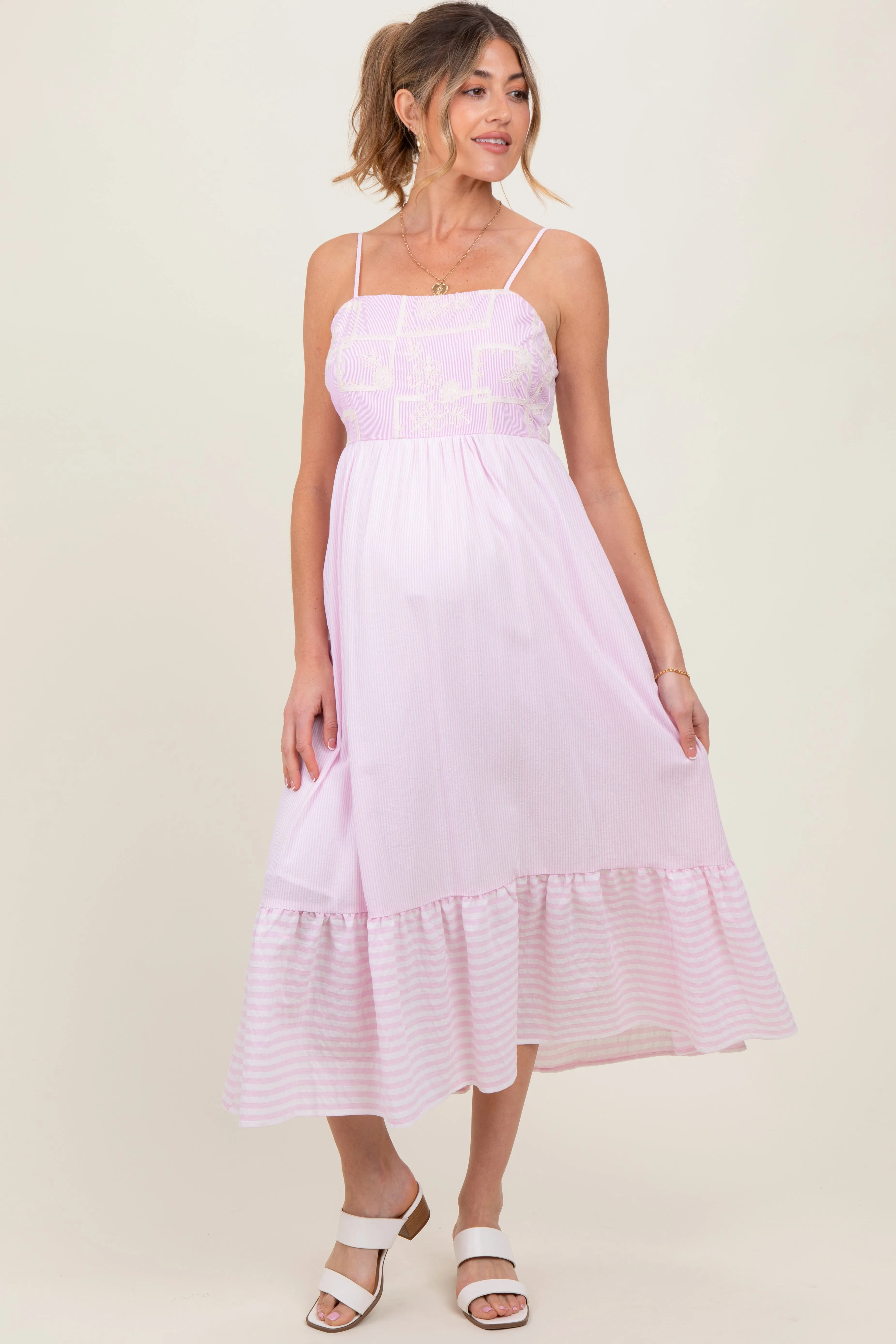 Light Pink Embroidered Striped Colorblock Maternity Midi Dress sold by Pinkblush