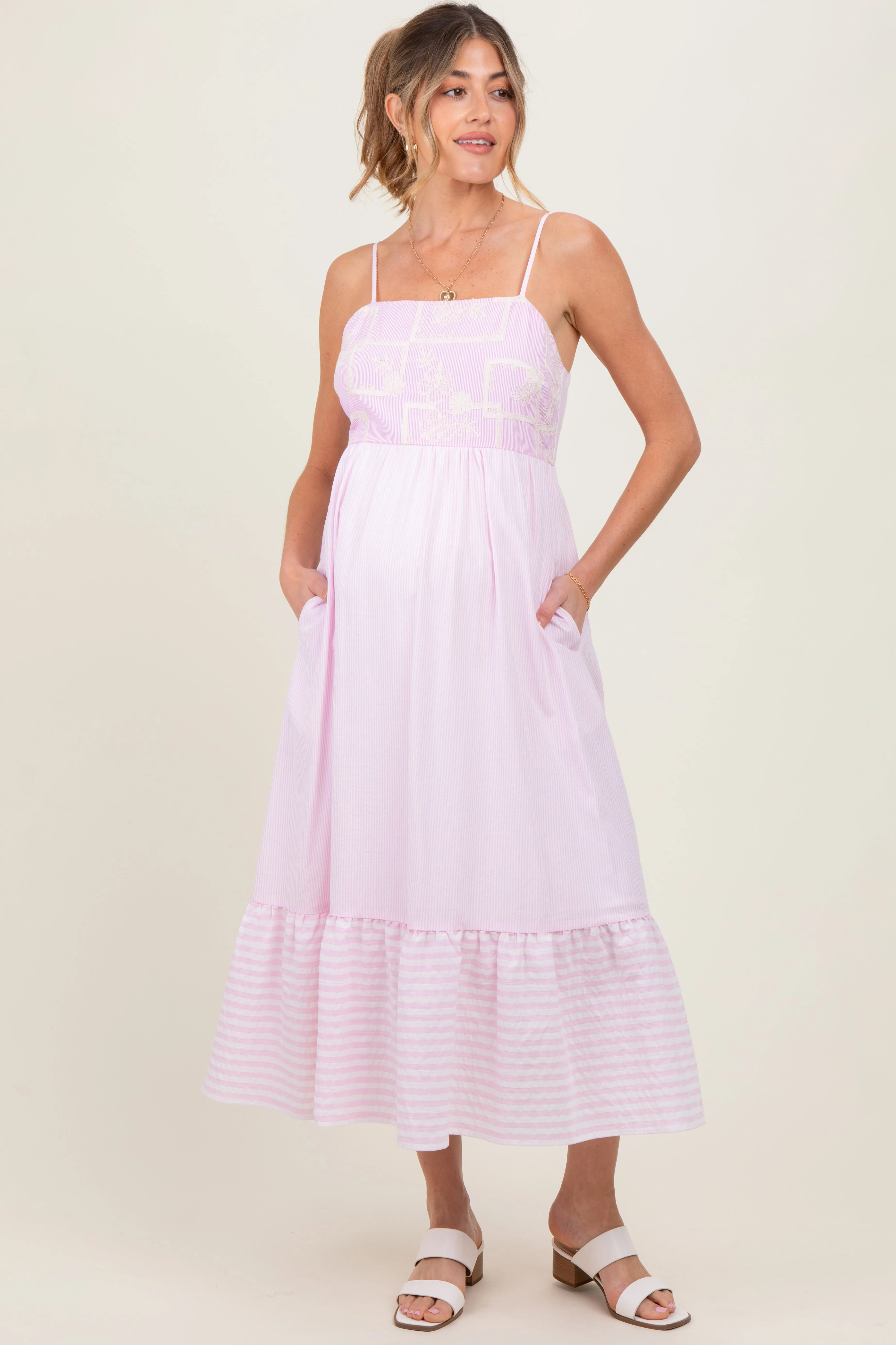 Light Pink Embroidered Striped Colorblock Maternity Midi Dress sold by Pinkblush product image thumbnail 2