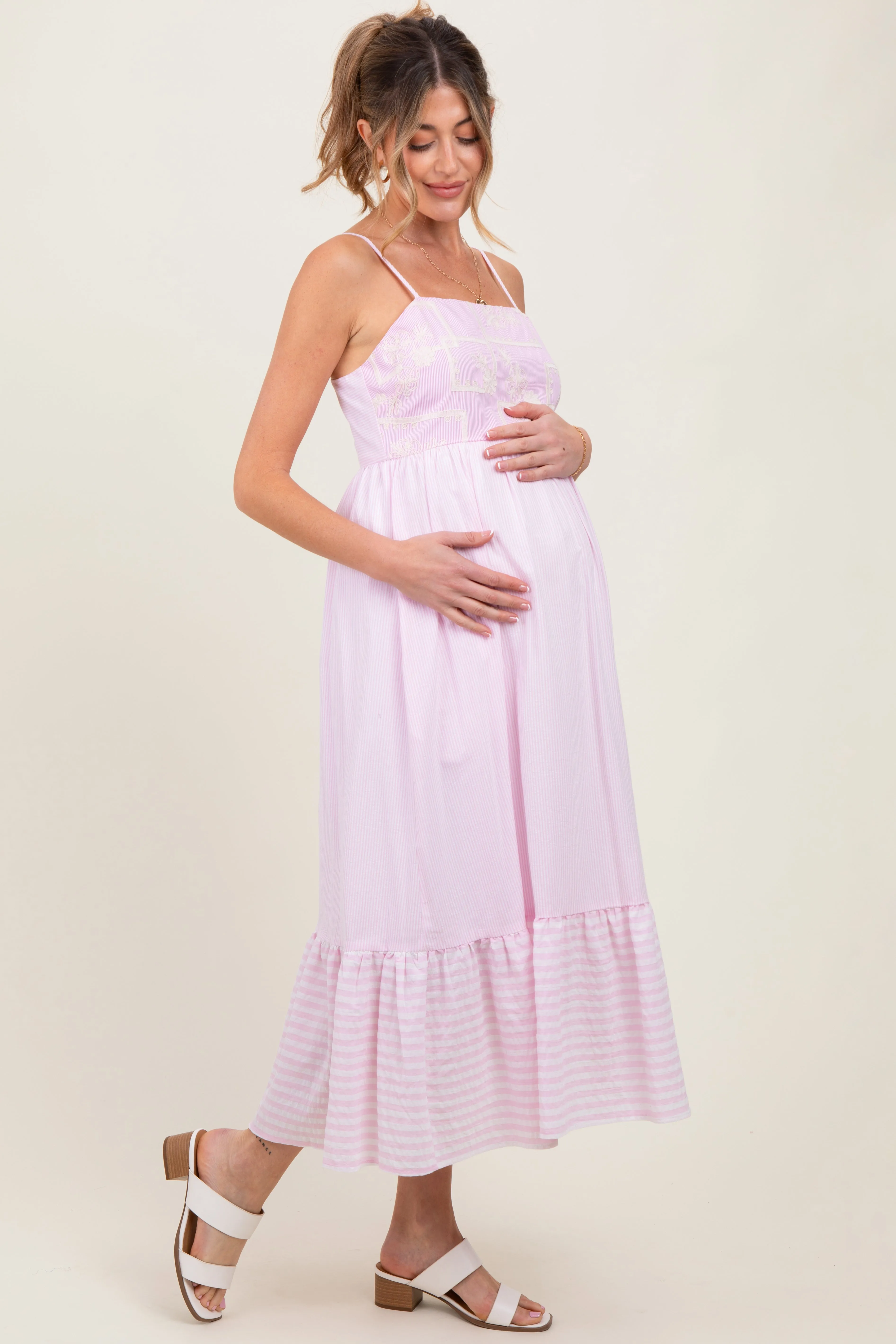 Light Pink Embroidered Striped Colorblock Maternity Midi Dress sold by Pinkblush product image thumbnail 3