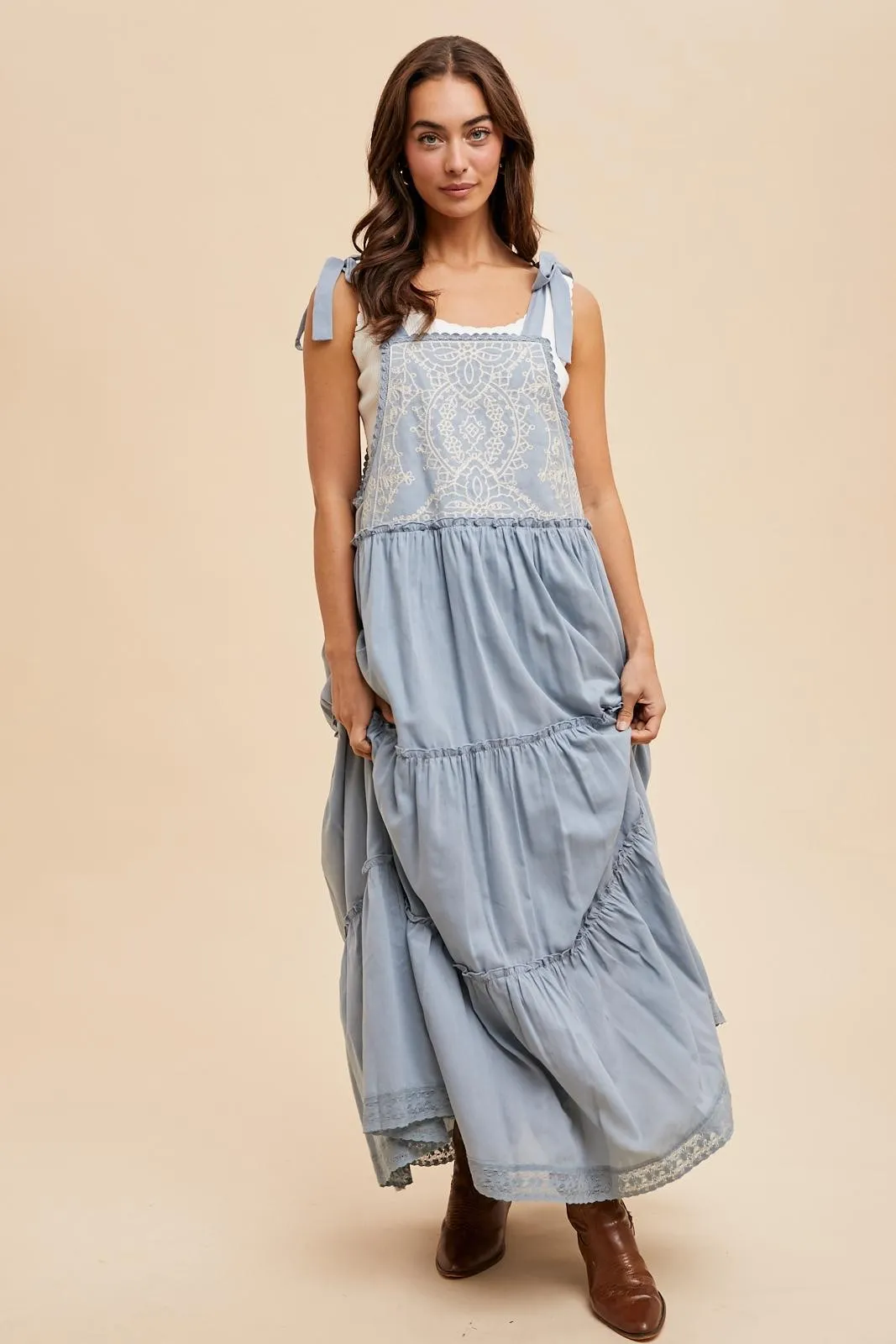 Blue Embroidered Ruffle Tiered Apron Dress sold by Pinkblush product image thumbnail 3