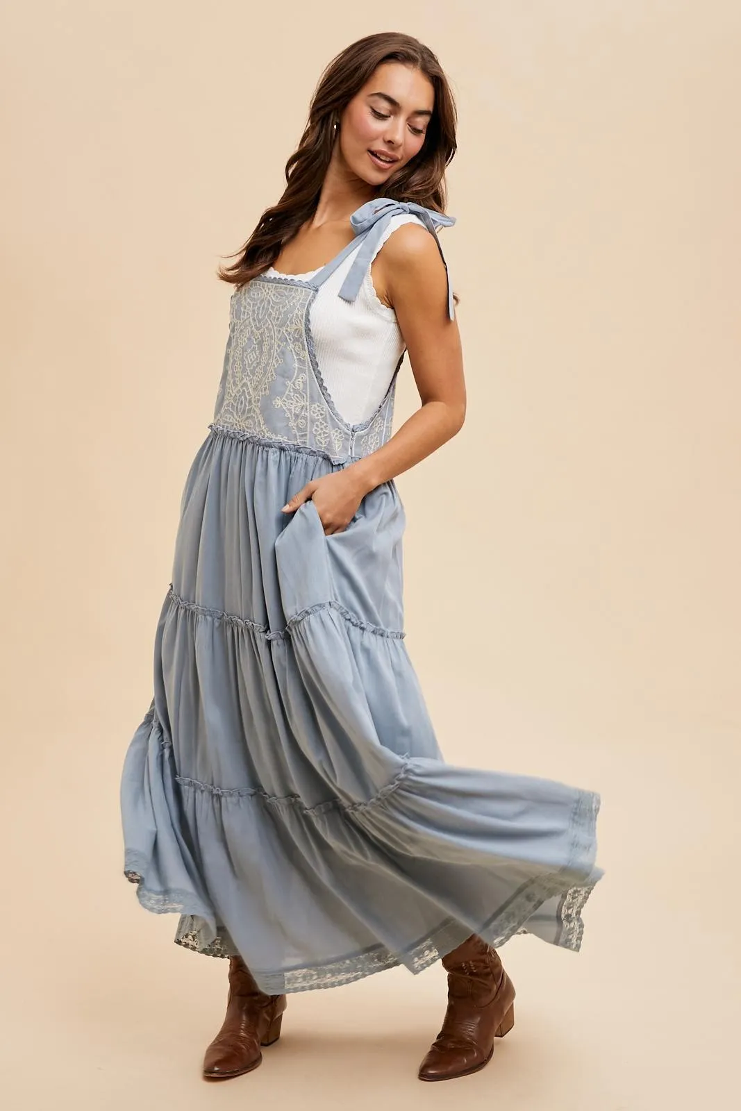 Blue Embroidered Ruffle Tiered Apron Dress sold by Pinkblush product image thumbnail 4