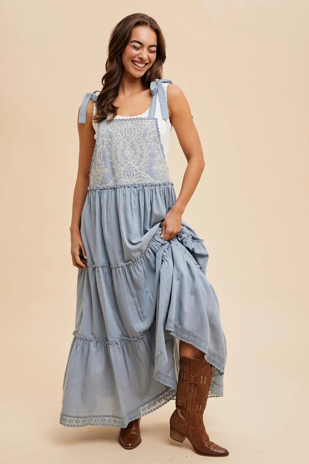 Blue Embroidered Ruffle Tiered Apron Dress sold by Pinkblush