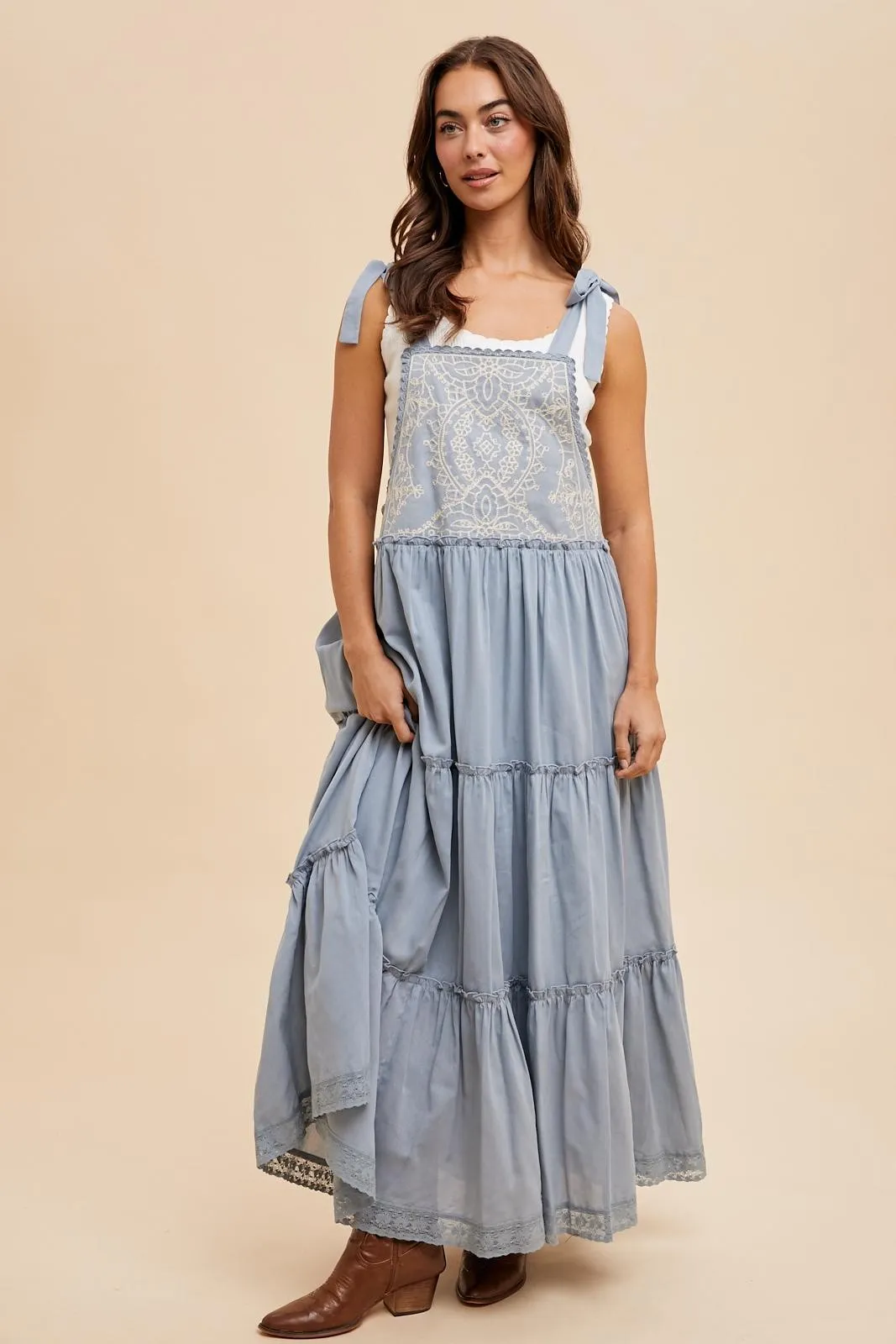 Blue Embroidered Ruffle Tiered Apron Dress sold by Pinkblush product image thumbnail 2