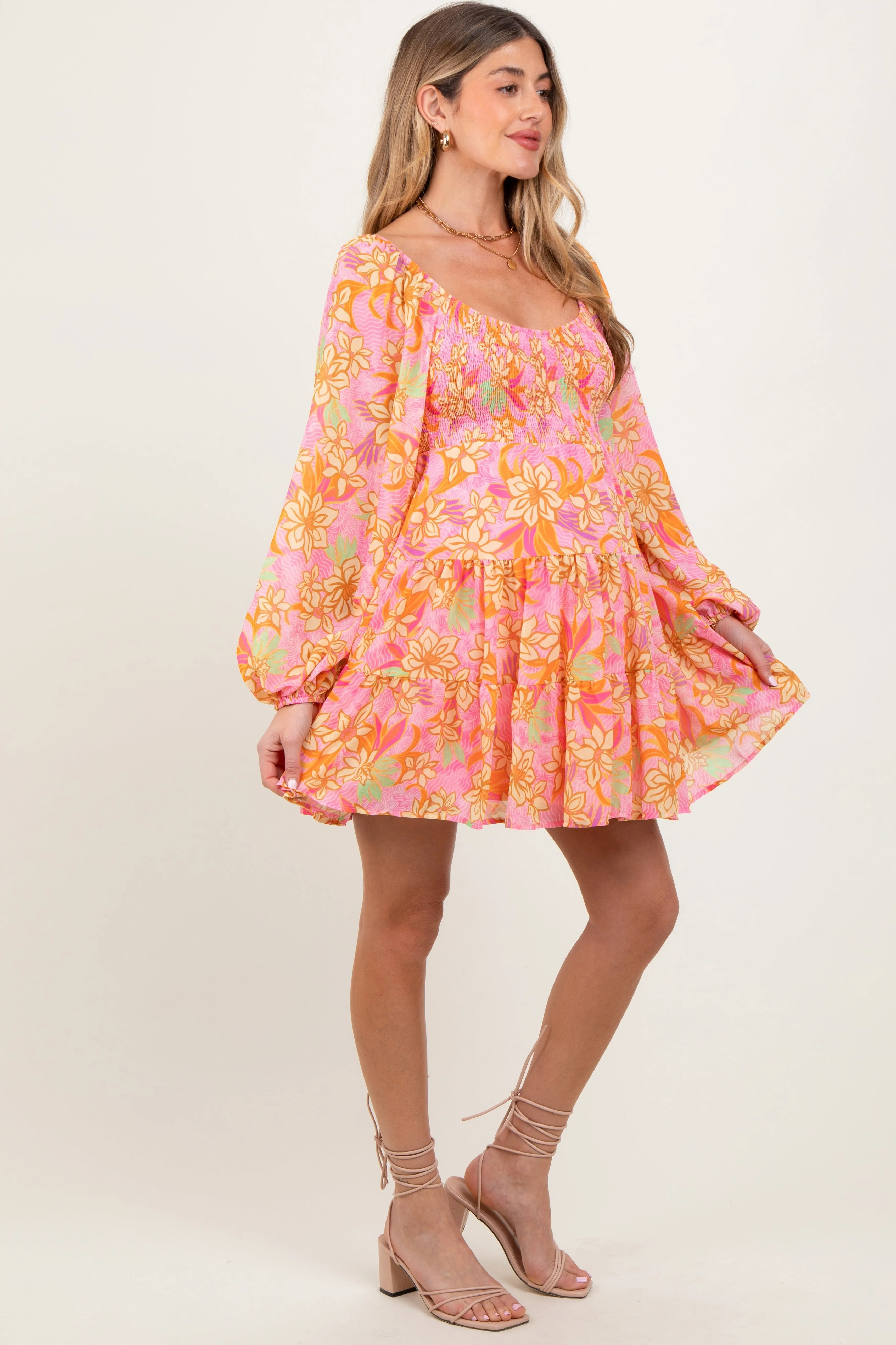 Pink Floral Smocked Bubble Sleeve Maternity Dress sold by Pinkblush product image thumbnail 3