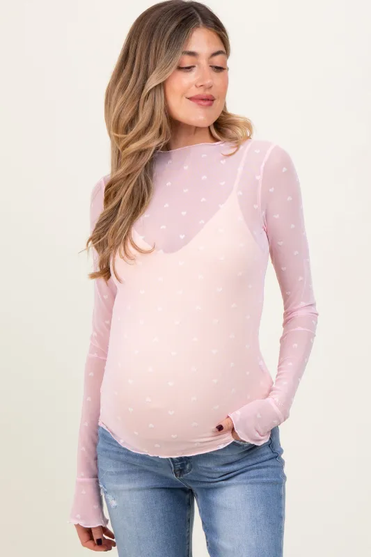 Light Pink Mesh Heart High Neck Long Sleeve Maternity Top sold by Pinkblush