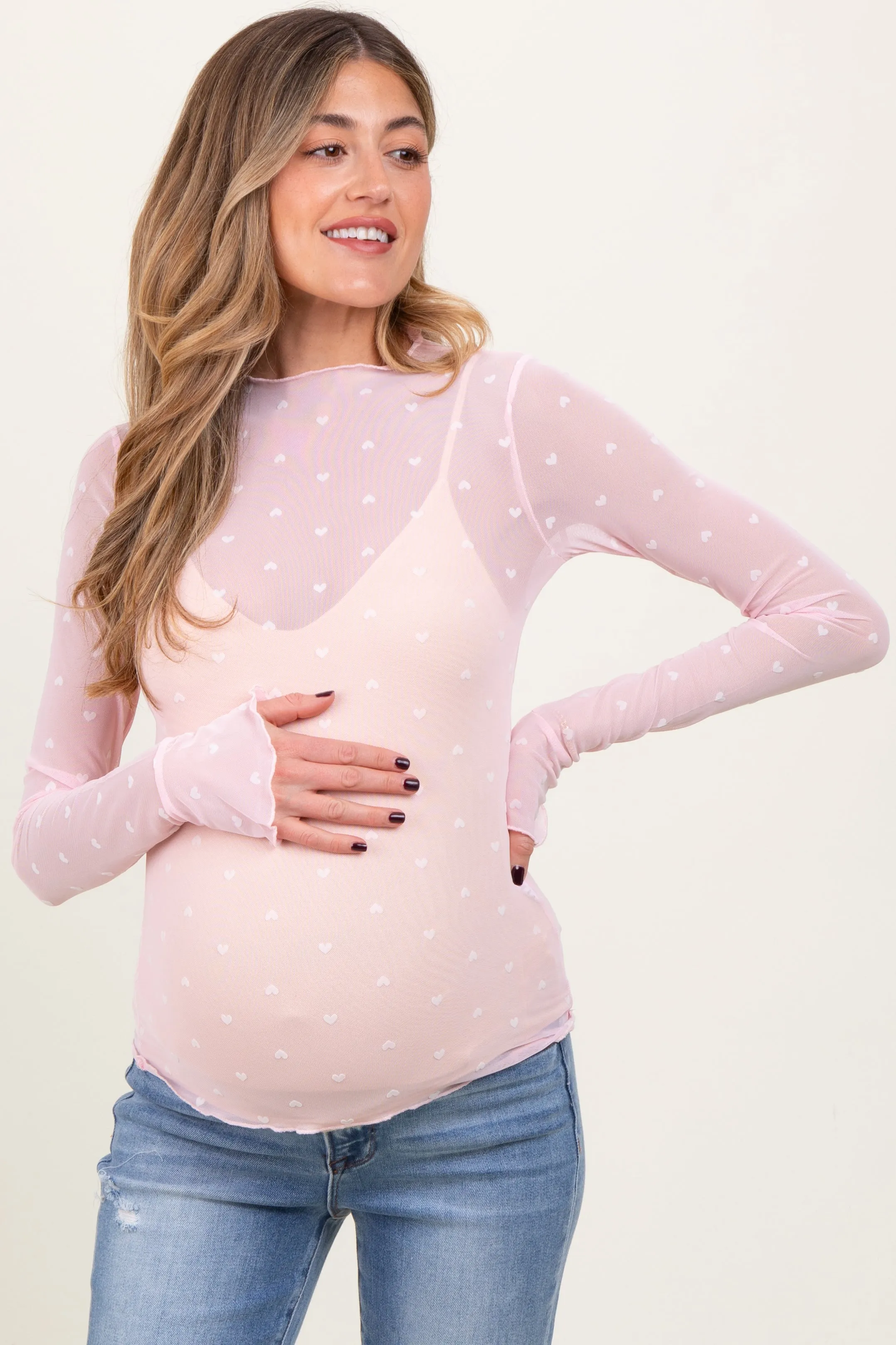 Light Pink Mesh Heart High Neck Long Sleeve Maternity Top sold by Pinkblush product image thumbnail 2