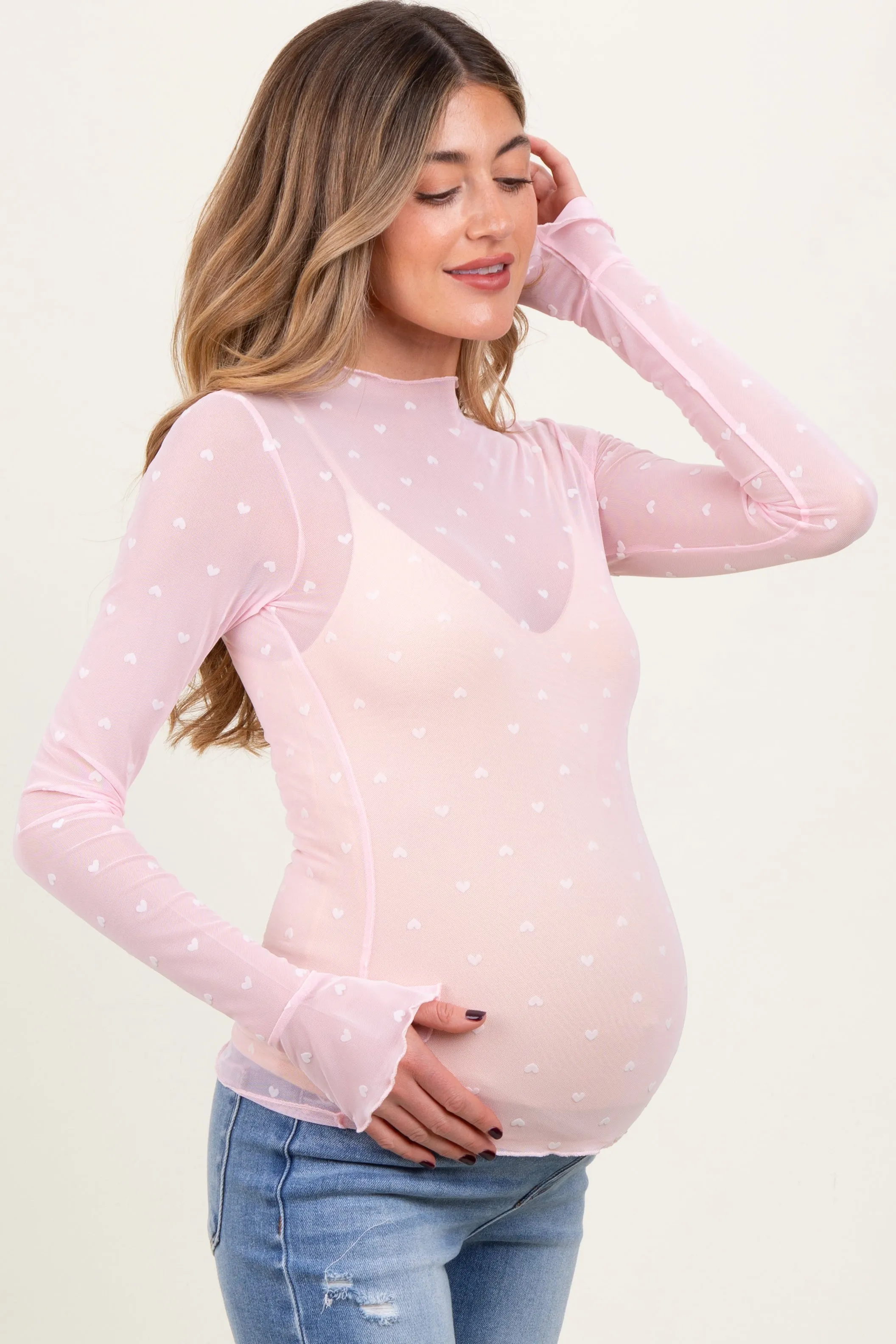 Light Pink Mesh Heart High Neck Long Sleeve Maternity Top sold by Pinkblush product image thumbnail 3