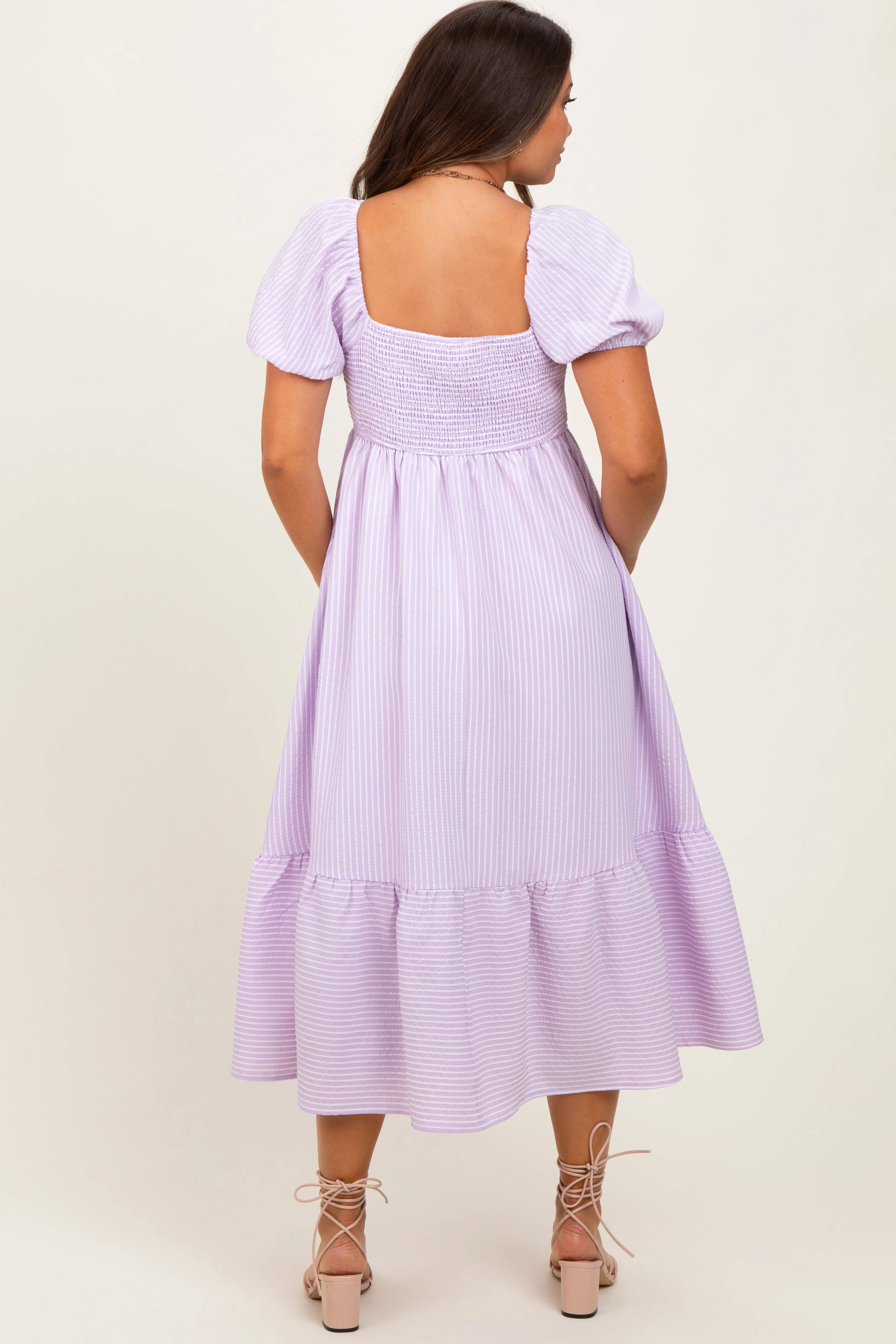 Lavender Sweetheart Stripe Smocked Back Maternity Midi Dress sold by Pinkblush product image thumbnail 3