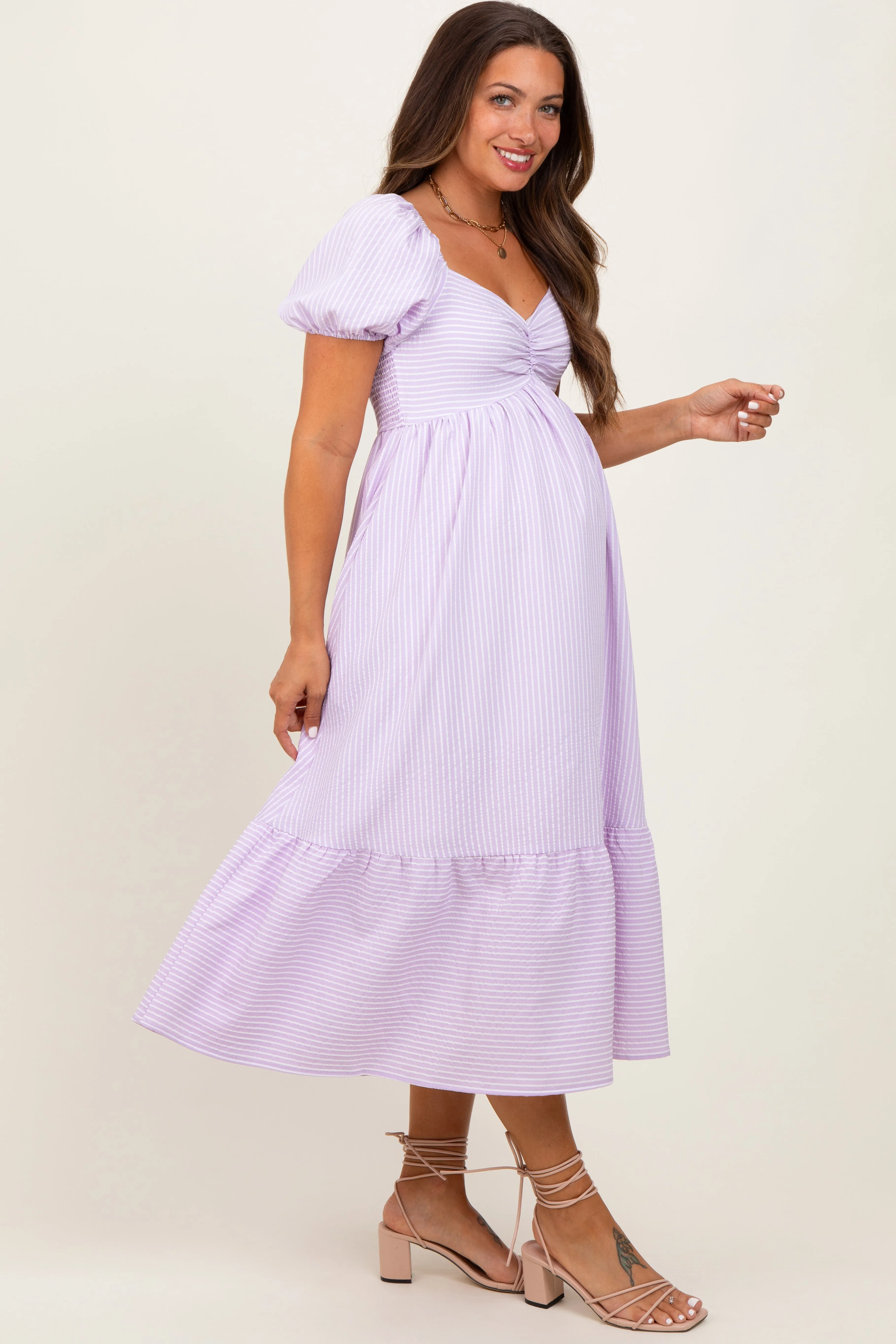 Lavender Sweetheart Stripe Smocked Back Maternity Midi Dress sold by Pinkblush product image thumbnail 2