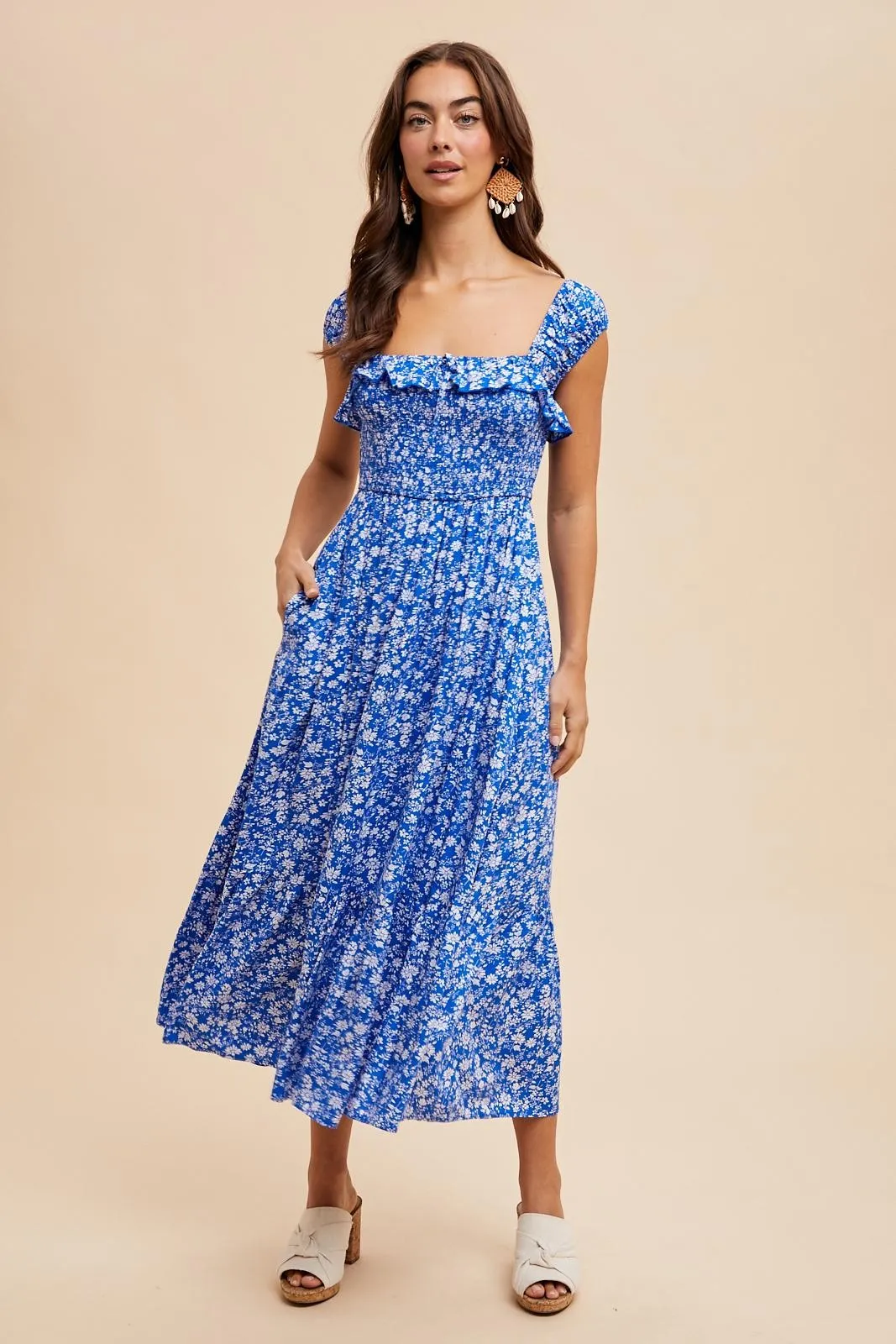 Royal Blue Floral Smocked Ruffle Detail Midi Dress sold by Pinkblush product image thumbnail 2