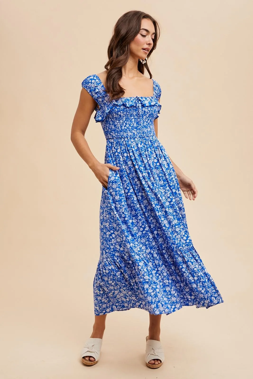Royal Blue Floral Smocked Ruffle Detail Midi Dress sold by Pinkblush product image thumbnail 3