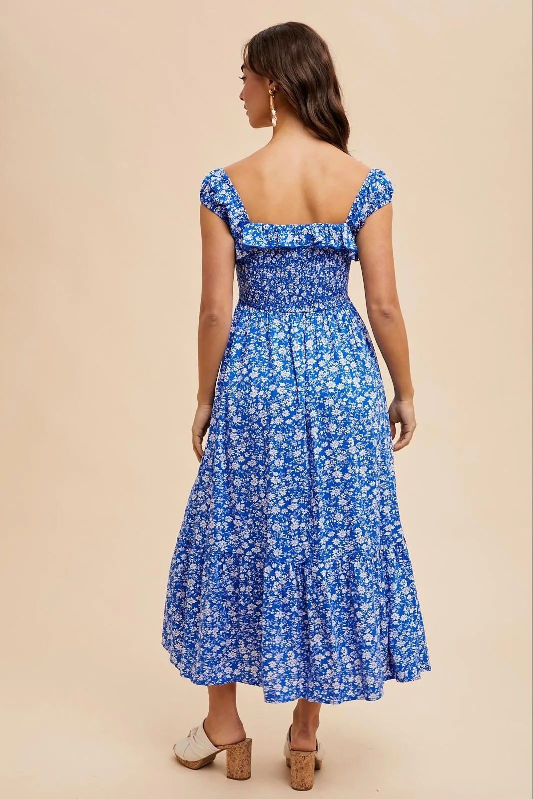 Royal Blue Floral Smocked Ruffle Detail Midi Dress sold by Pinkblush product image thumbnail 4