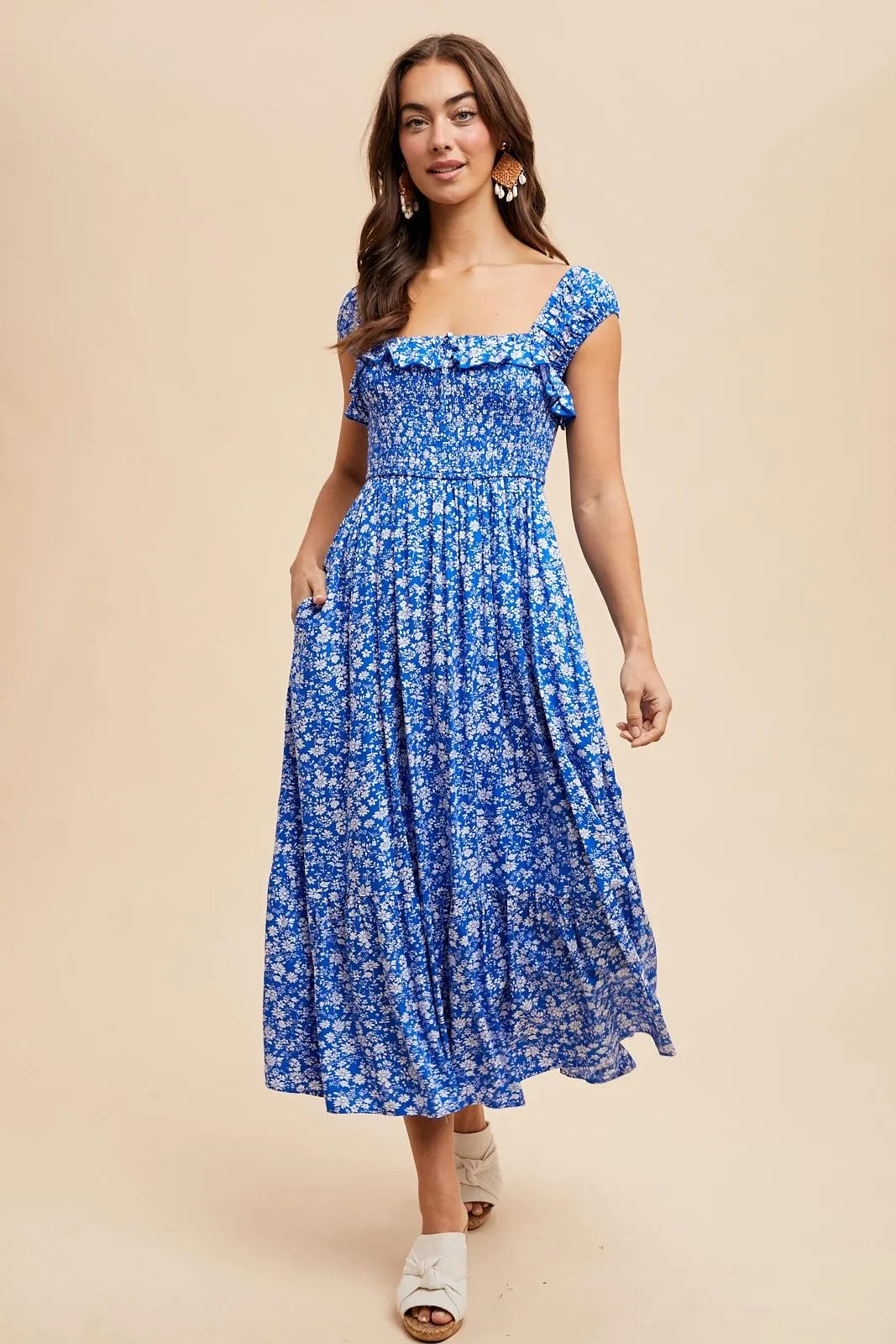 Royal Blue Floral Smocked Ruffle Detail Midi Dress sold by Pinkblush