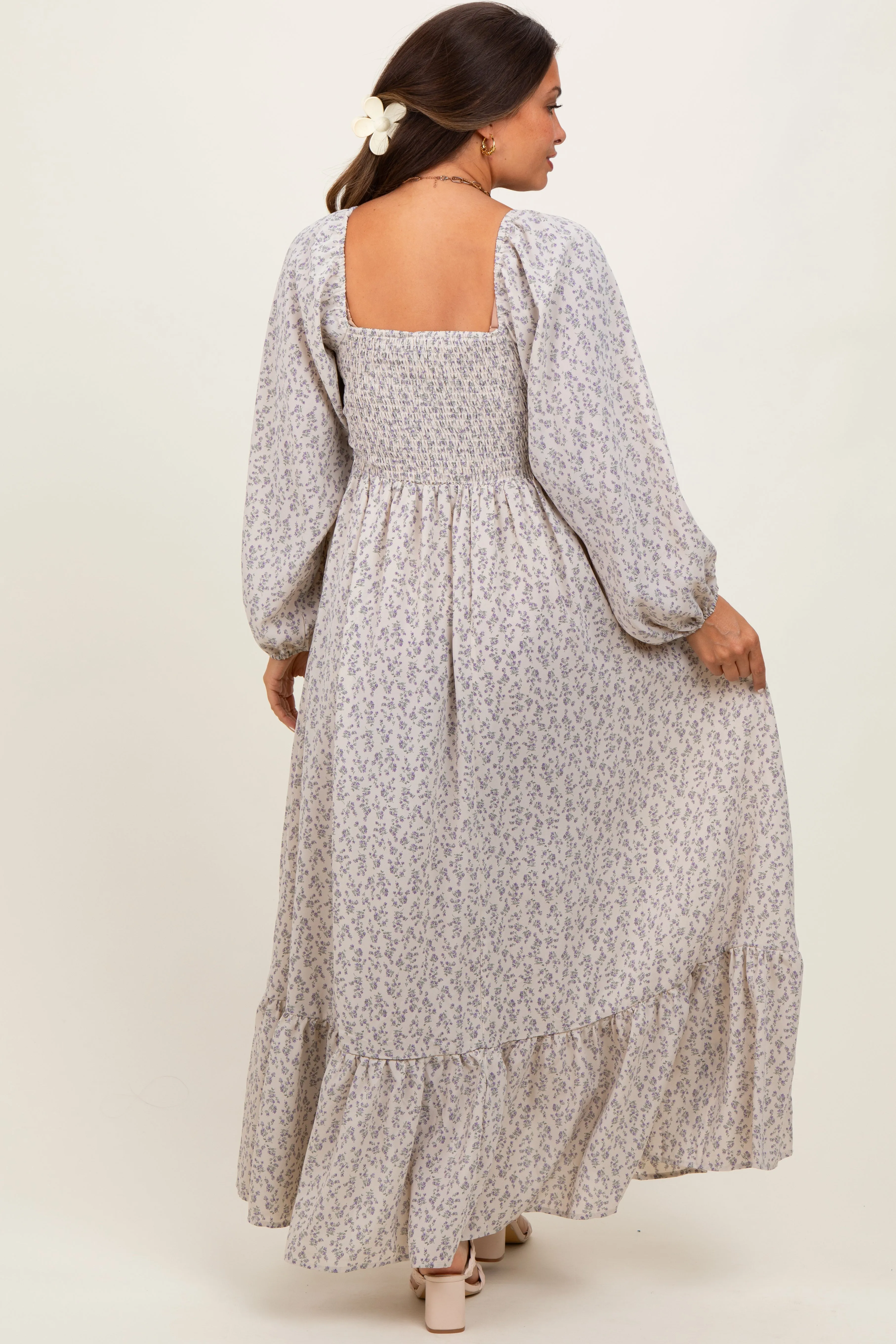Lavender Floral Smocked Lace Trim Sweetheart Maternity Maxi Dress sold by Pinkblush product image thumbnail 4