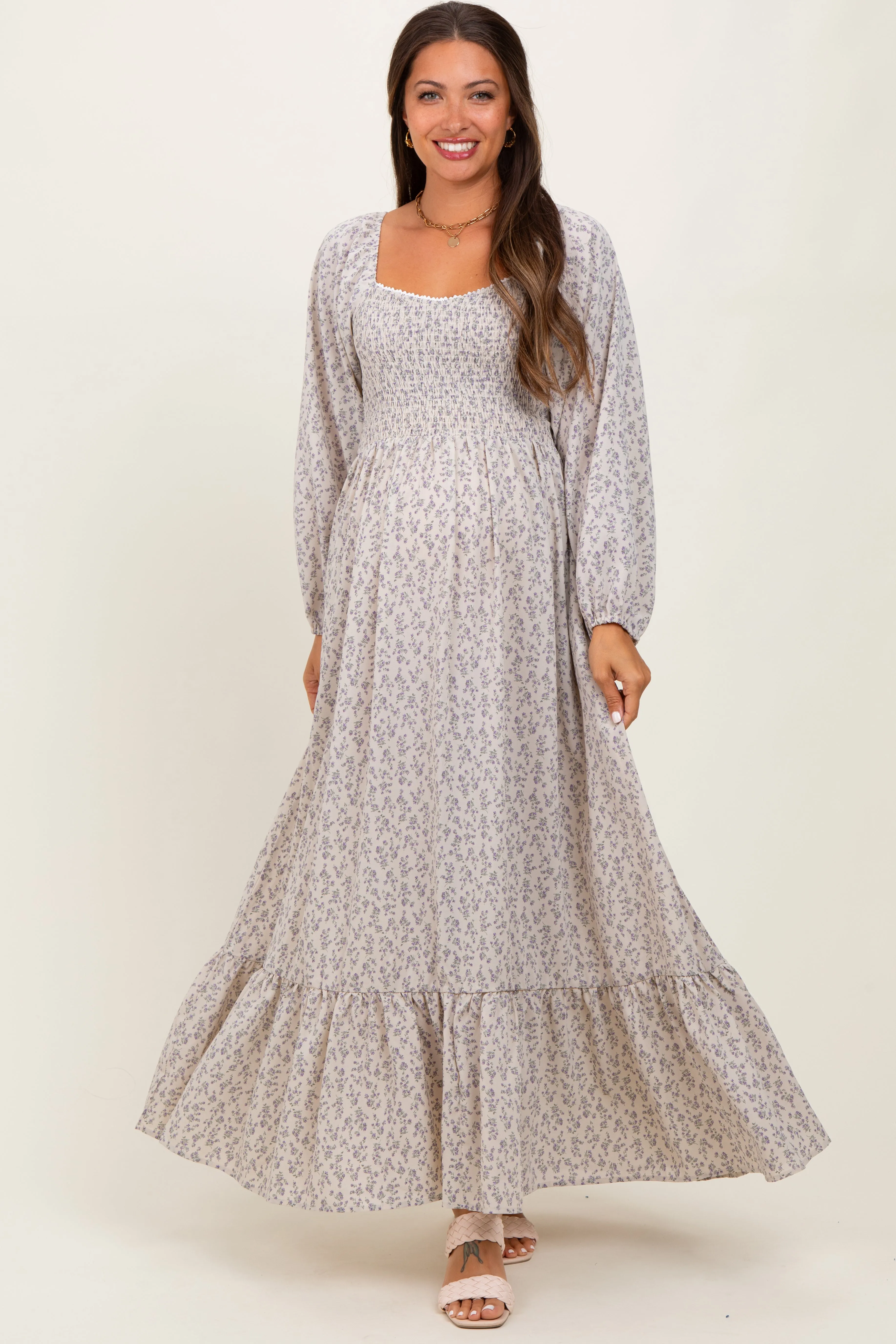 Lavender Floral Smocked Lace Trim Sweetheart Maternity Maxi Dress sold by Pinkblush