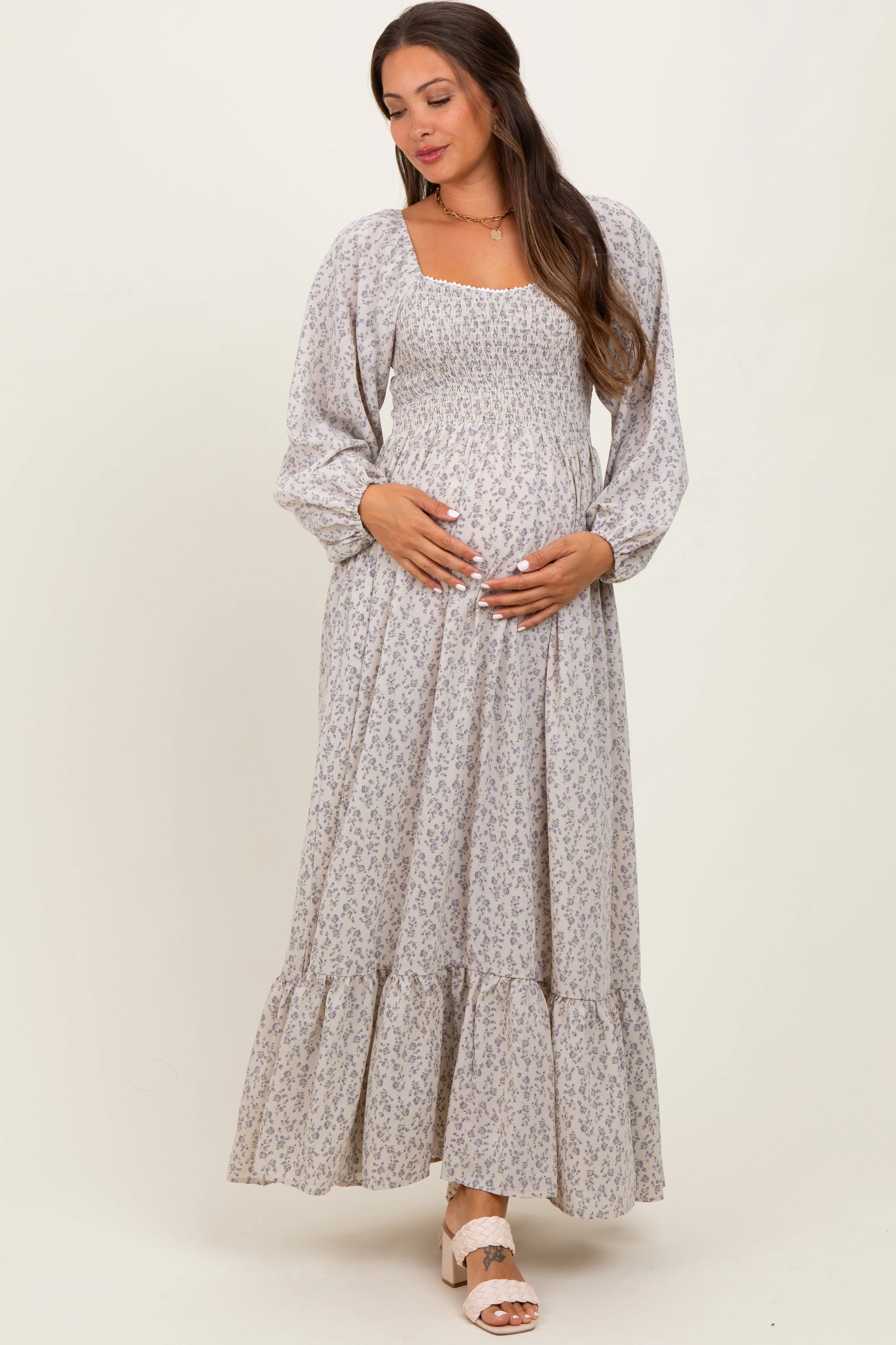 Lavender Floral Smocked Lace Trim Sweetheart Maternity Maxi Dress sold by Pinkblush product image thumbnail 2