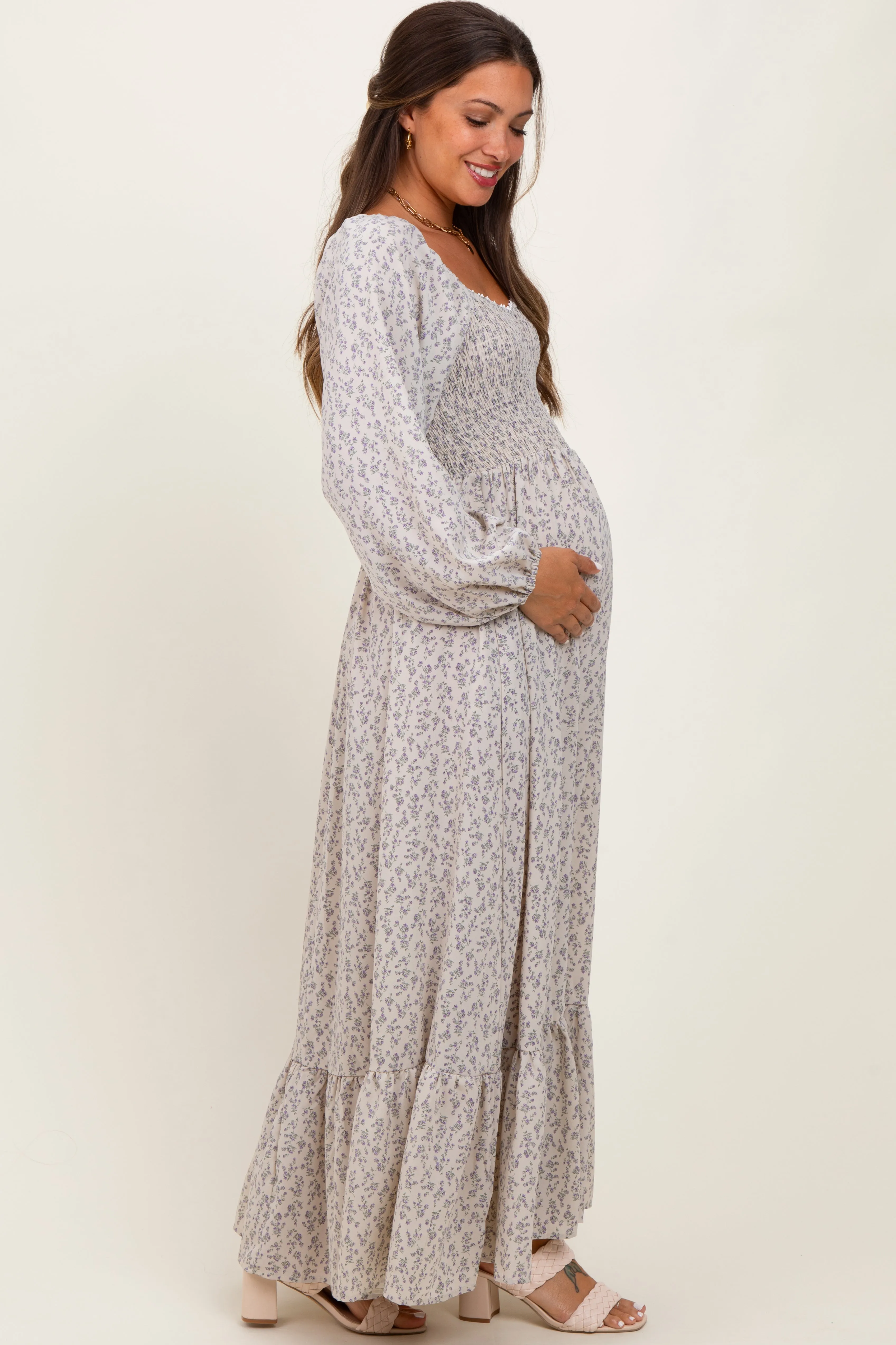 Lavender Floral Smocked Lace Trim Sweetheart Maternity Maxi Dress sold by Pinkblush product image thumbnail 3