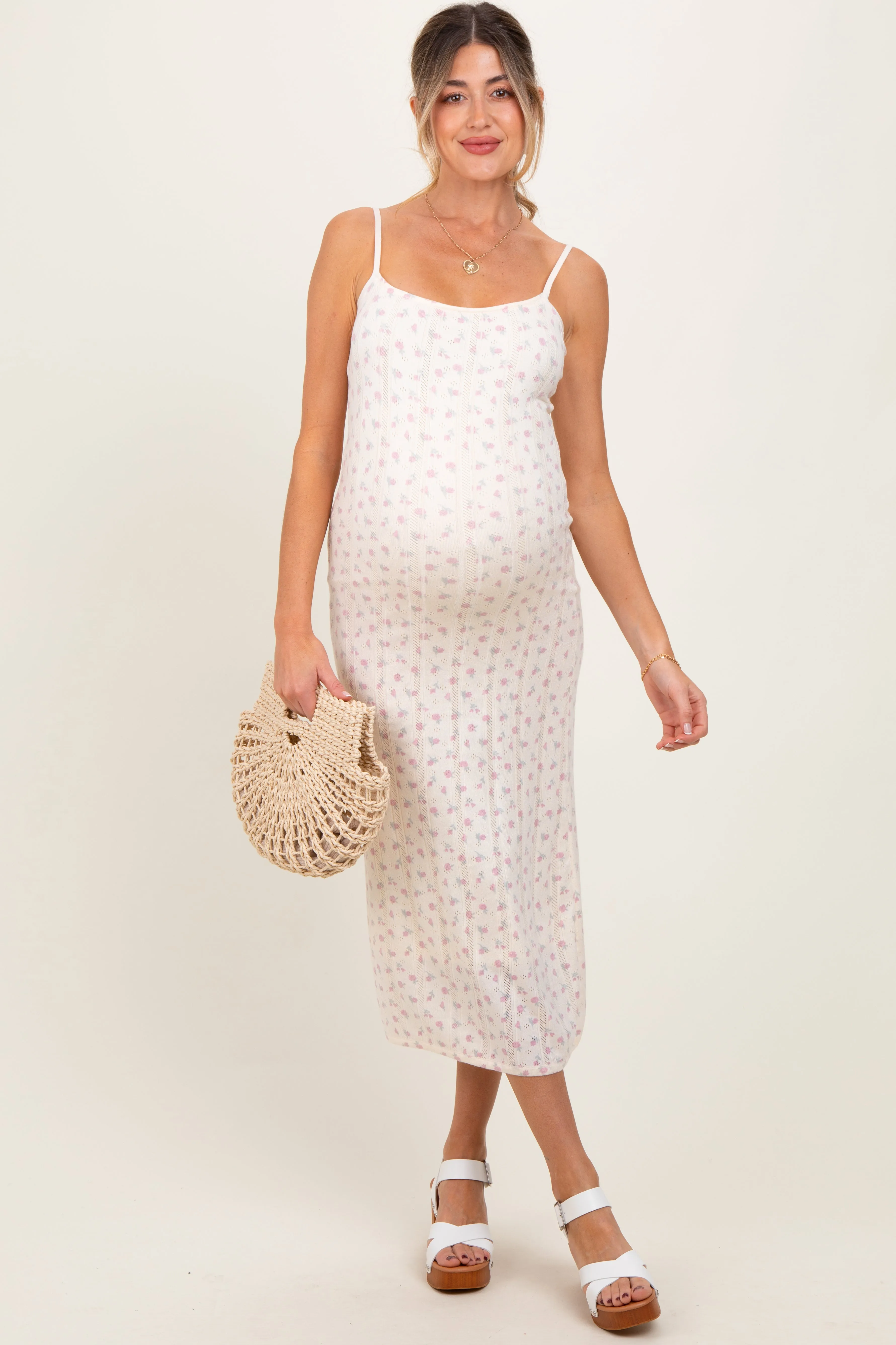 Ivory Floral Pointelle Knit Maternity Midi Dress sold by Pinkblush