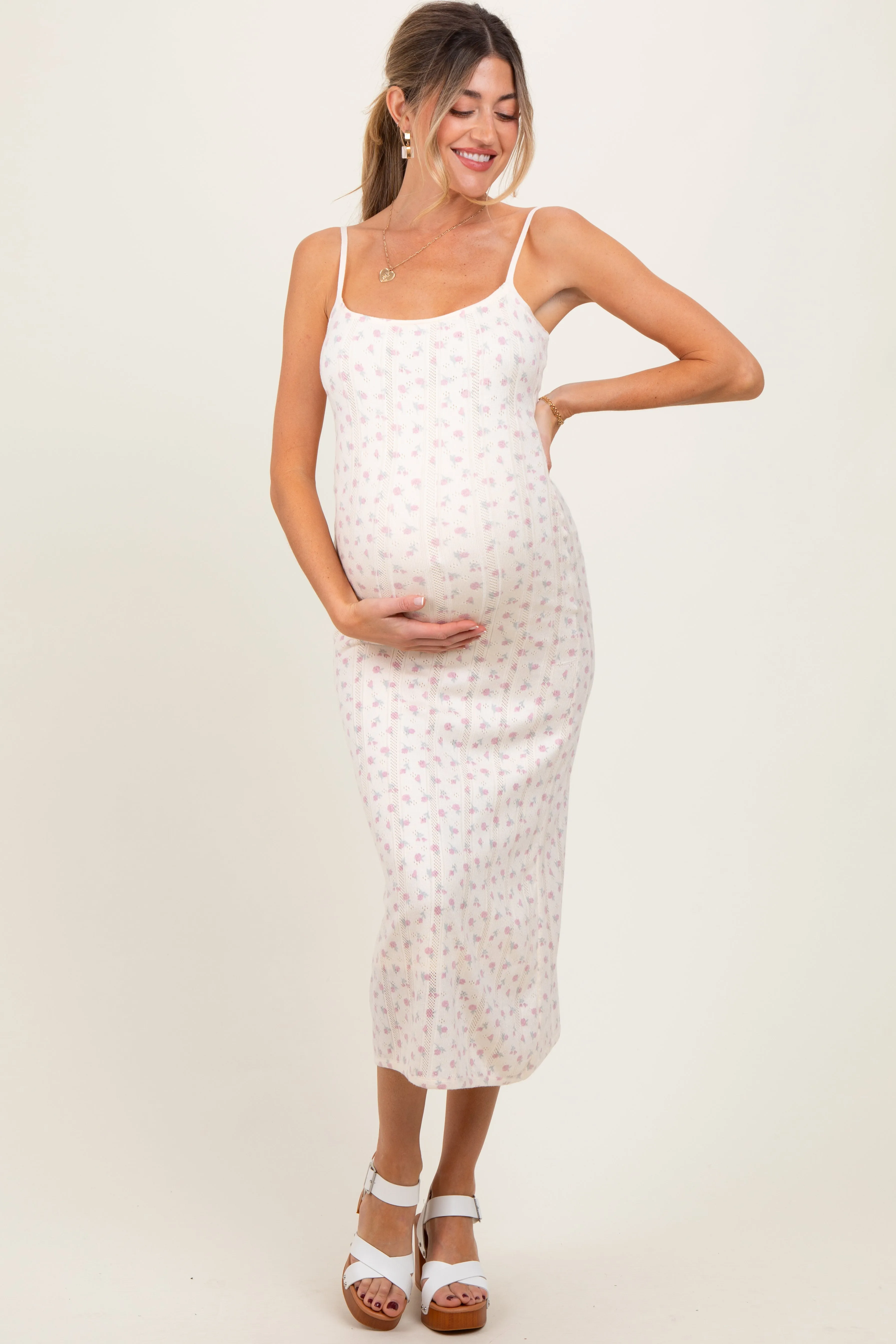 Ivory Floral Pointelle Knit Maternity Midi Dress sold by Pinkblush product image thumbnail 2
