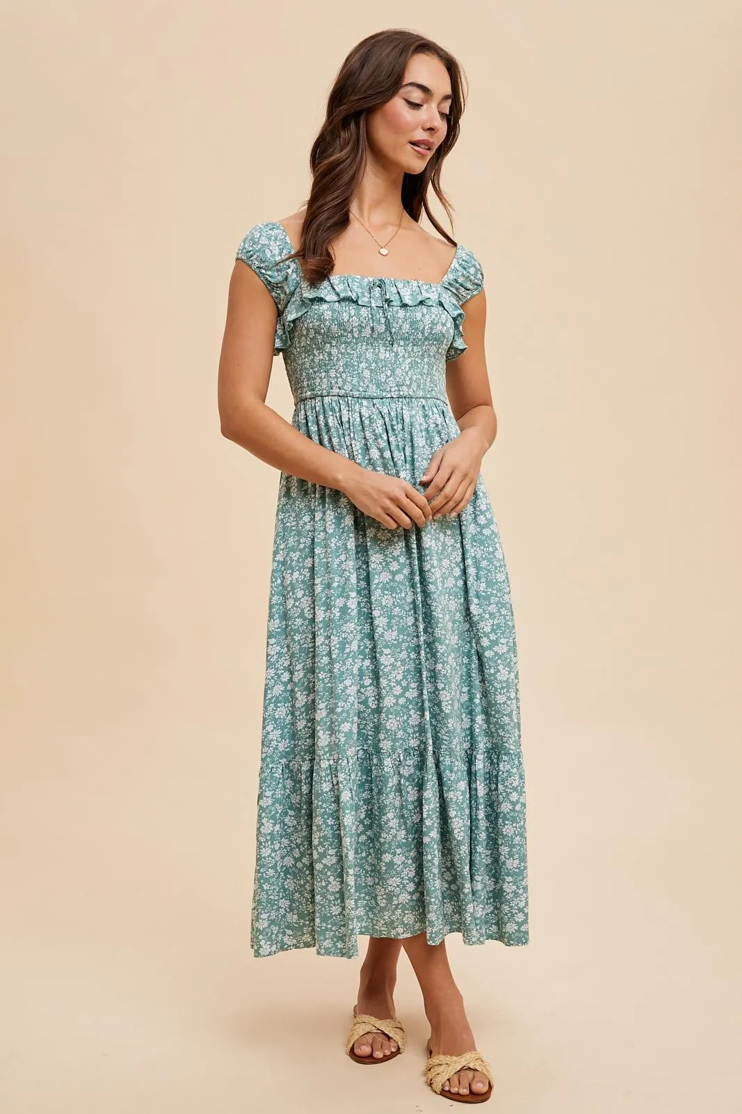 Light Olive Floral Smocked Ruffle Detail Midi Dress sold by Pinkblush product image thumbnail 4