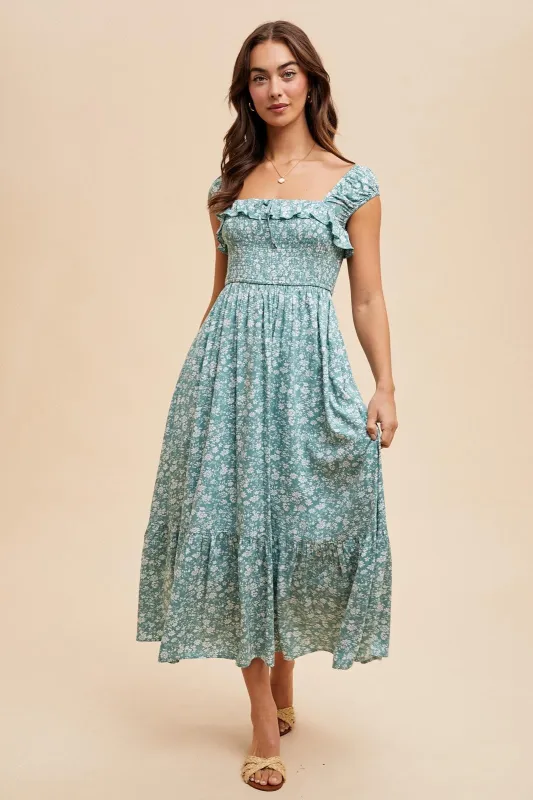 Light Olive Floral Smocked Ruffle Detail Midi Dress sold by Pinkblush