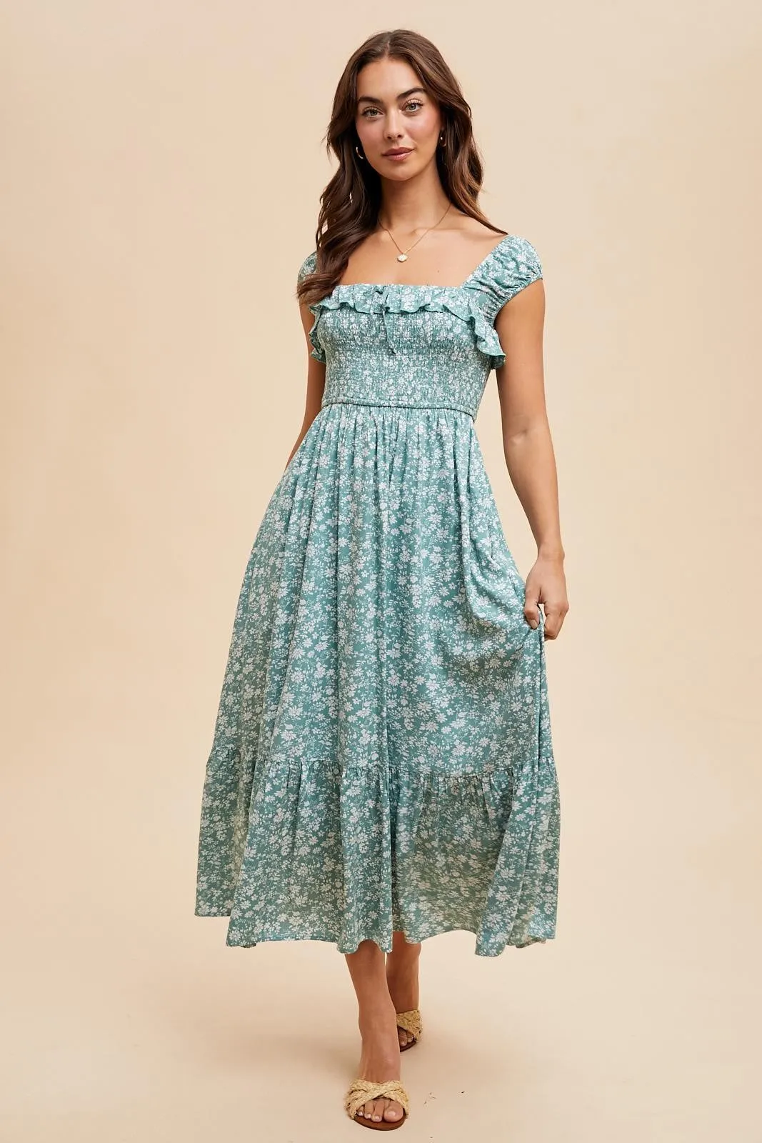 Light Olive Floral Smocked Ruffle Detail Midi Dress sold by Pinkblush