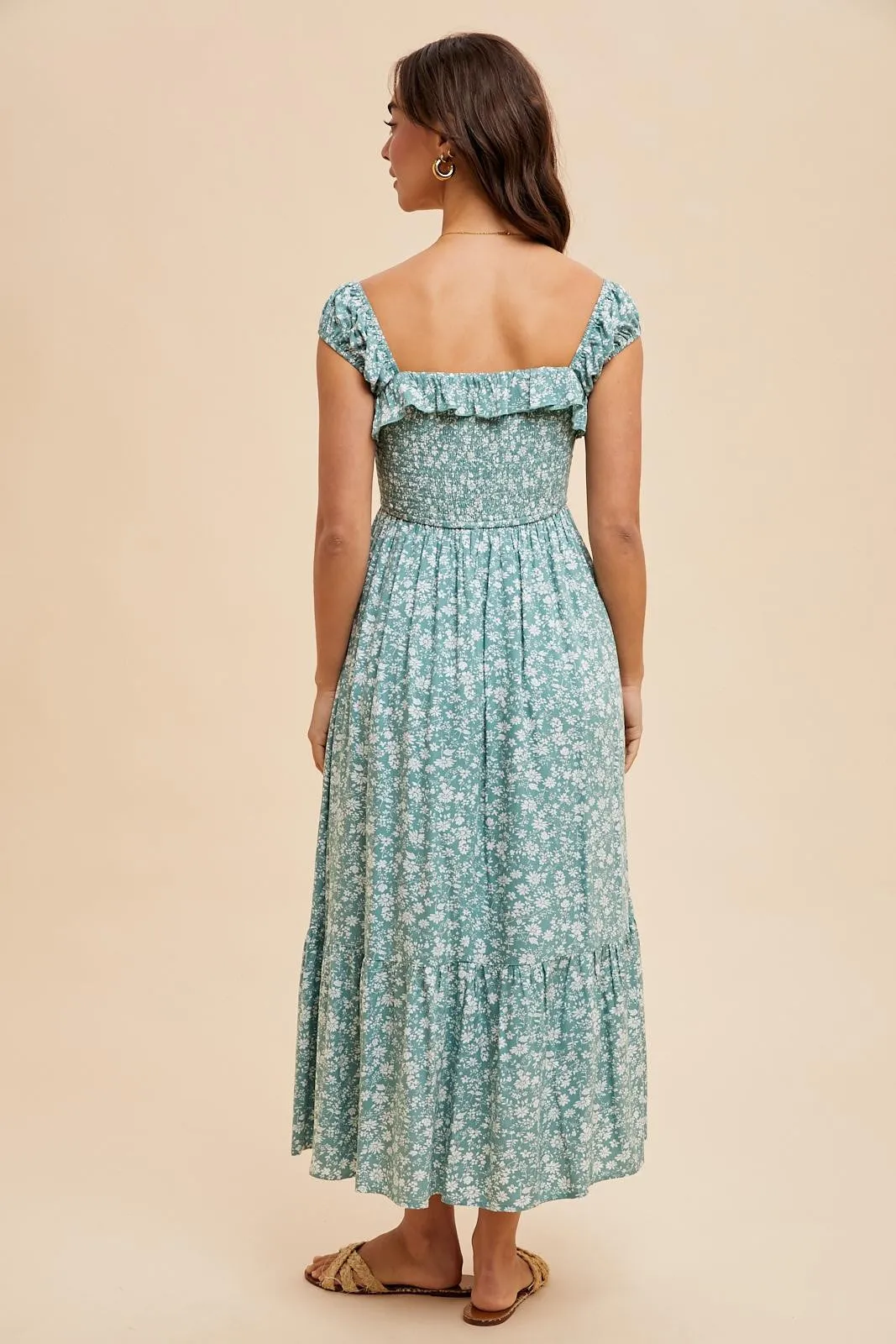 Light Olive Floral Smocked Ruffle Detail Midi Dress sold by Pinkblush product image thumbnail 5