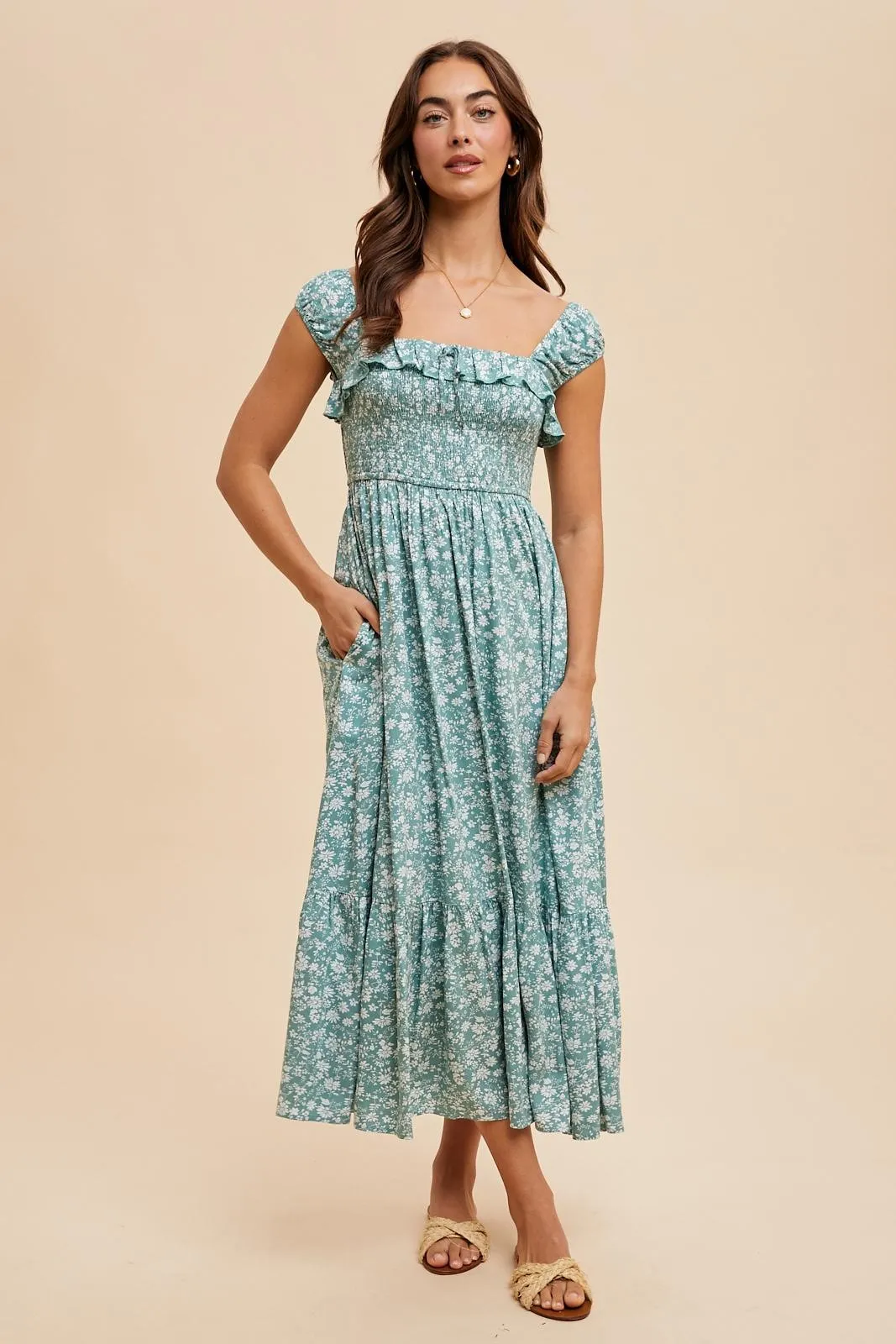 Light Olive Floral Smocked Ruffle Detail Midi Dress sold by Pinkblush product image thumbnail 2