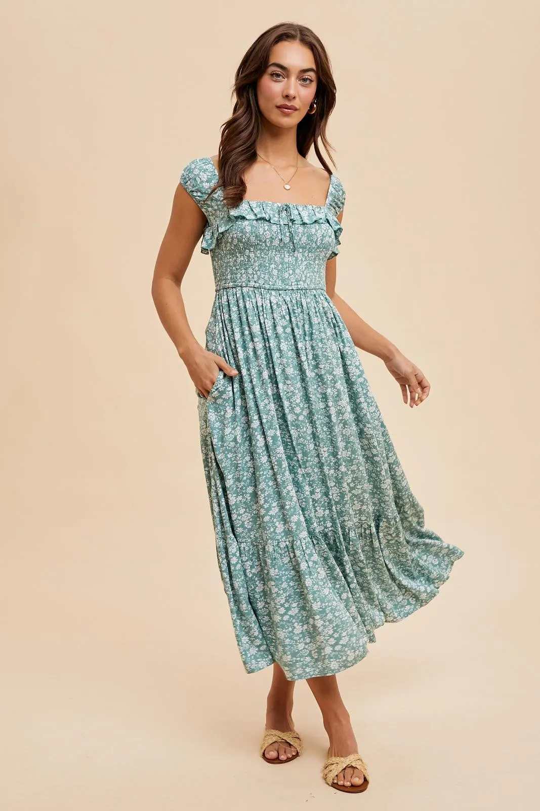 Light Olive Floral Smocked Ruffle Detail Midi Dress sold by Pinkblush product image thumbnail 3