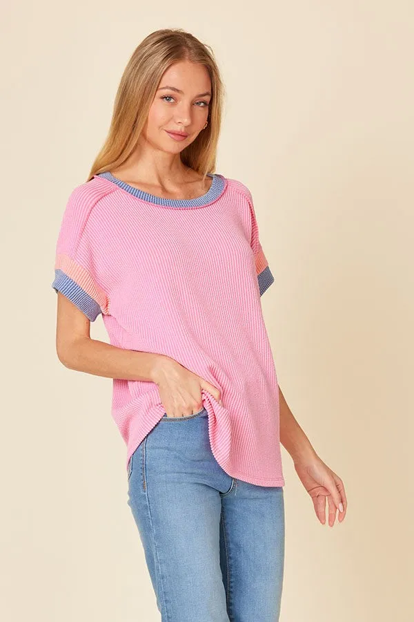 Pink Ribbed Colorblock Detail Short Sleeve Top sold by Pinkblush product image thumbnail 2
