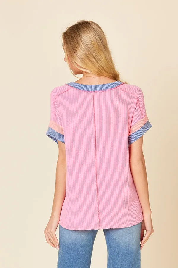 Pink Ribbed Colorblock Detail Short Sleeve Top sold by Pinkblush product image thumbnail 3