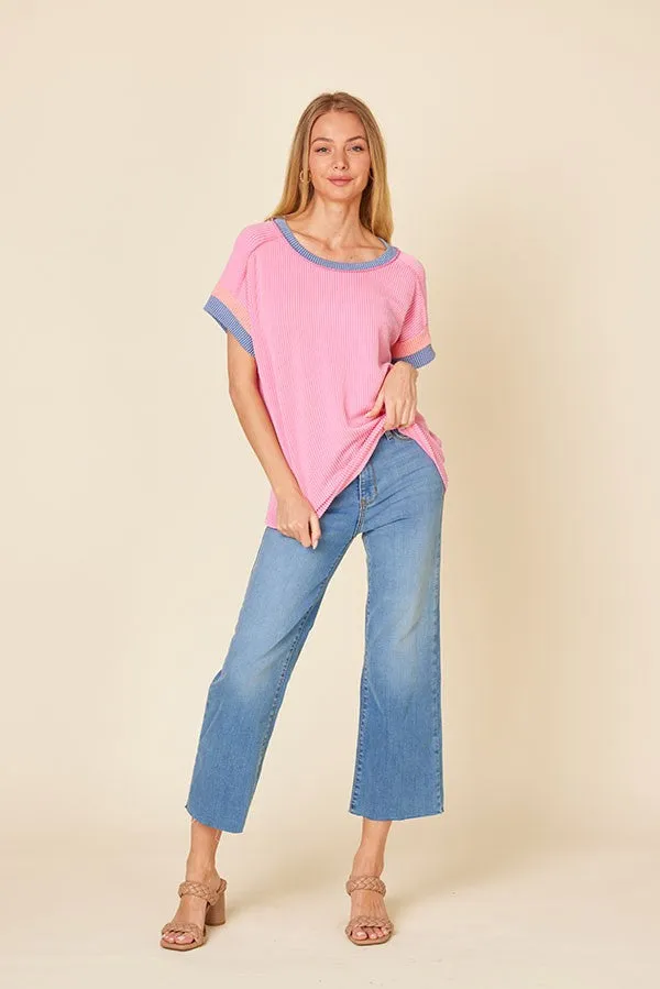 Pink Ribbed Colorblock Detail Short Sleeve Top sold by Pinkblush product image thumbnail 4
