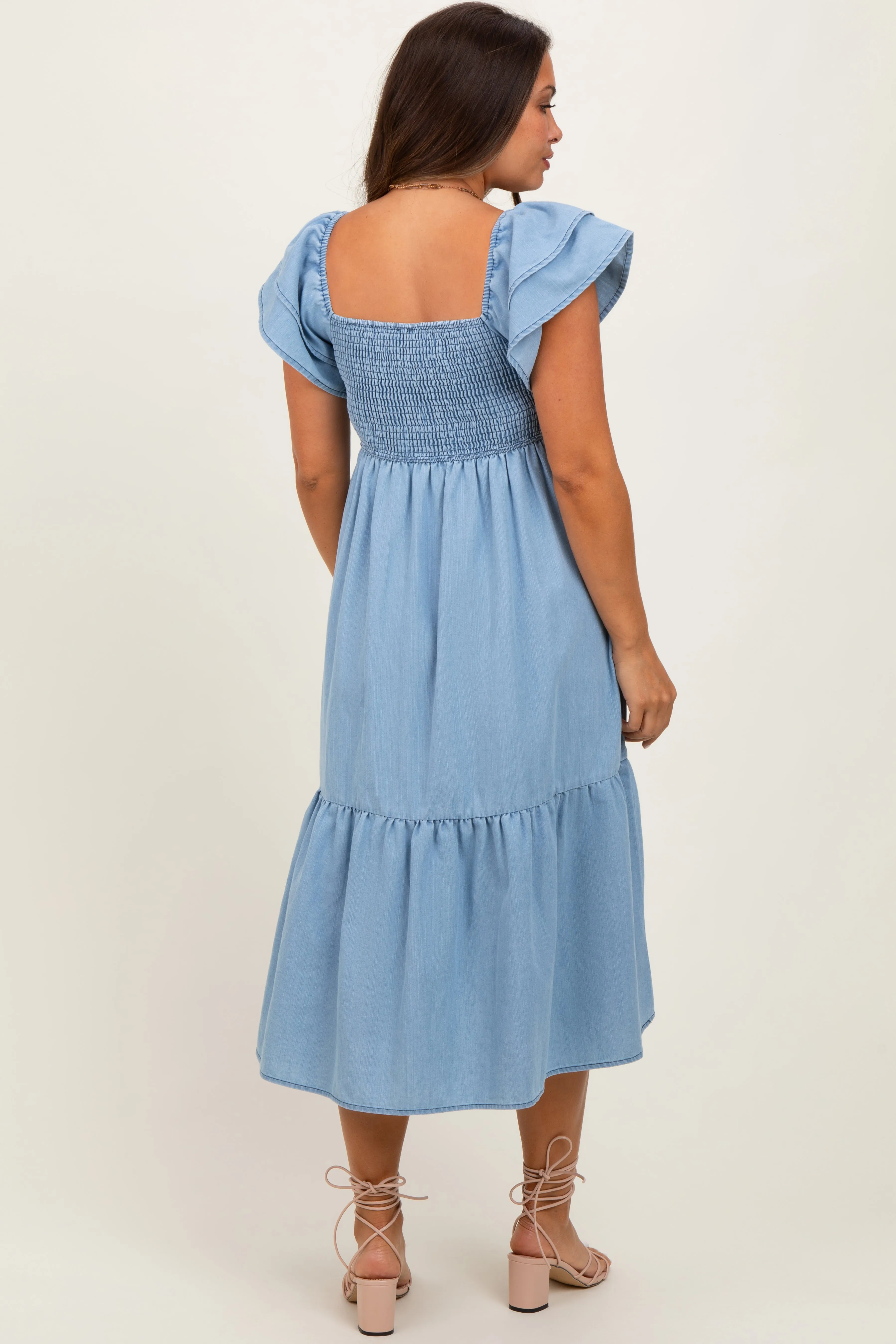 Light Blue Chambray Smocked Flutter Sleeve Maternity Dress sold by Pinkblush product image thumbnail 4