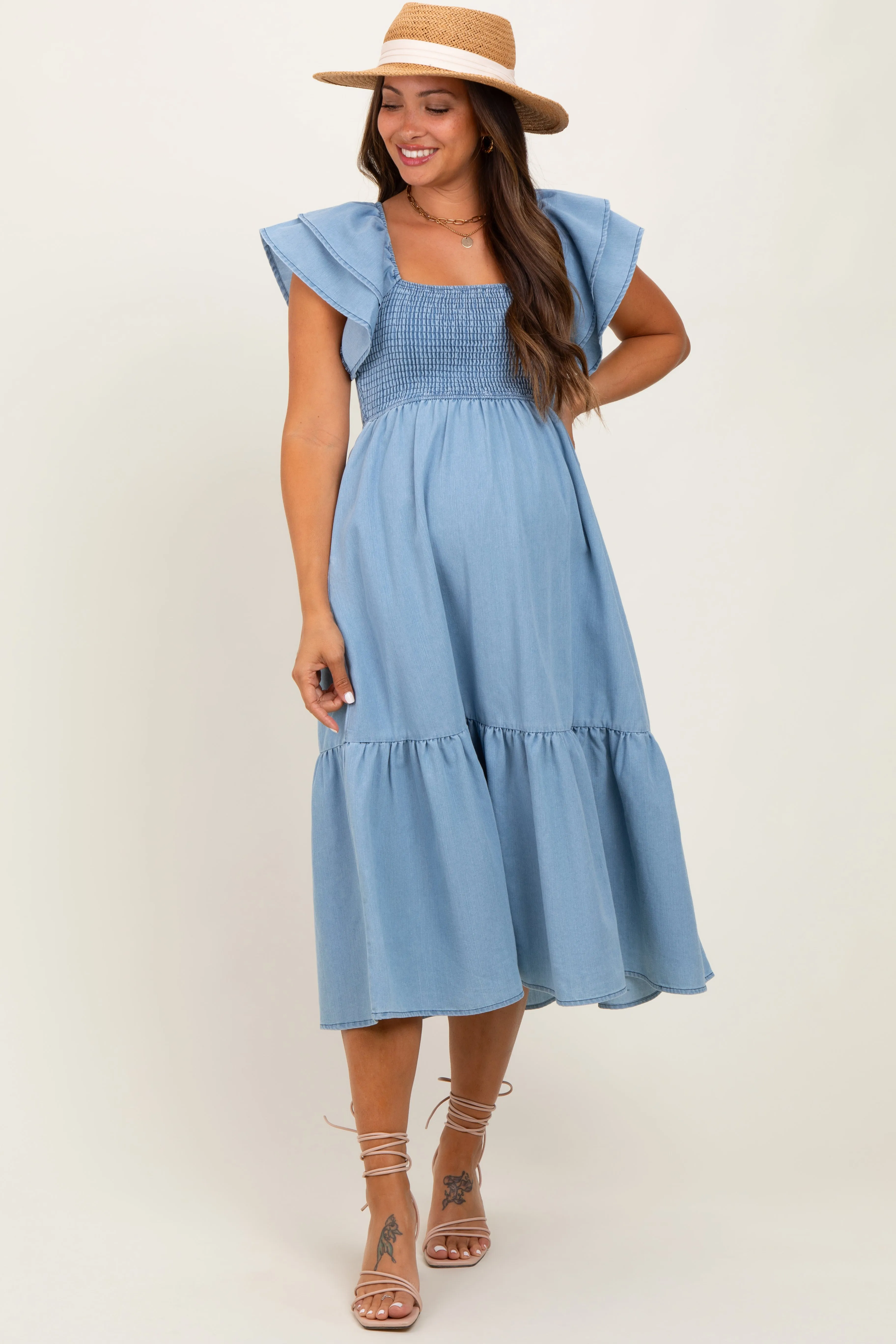 Light Blue Chambray Smocked Flutter Sleeve Maternity Dress sold by Pinkblush