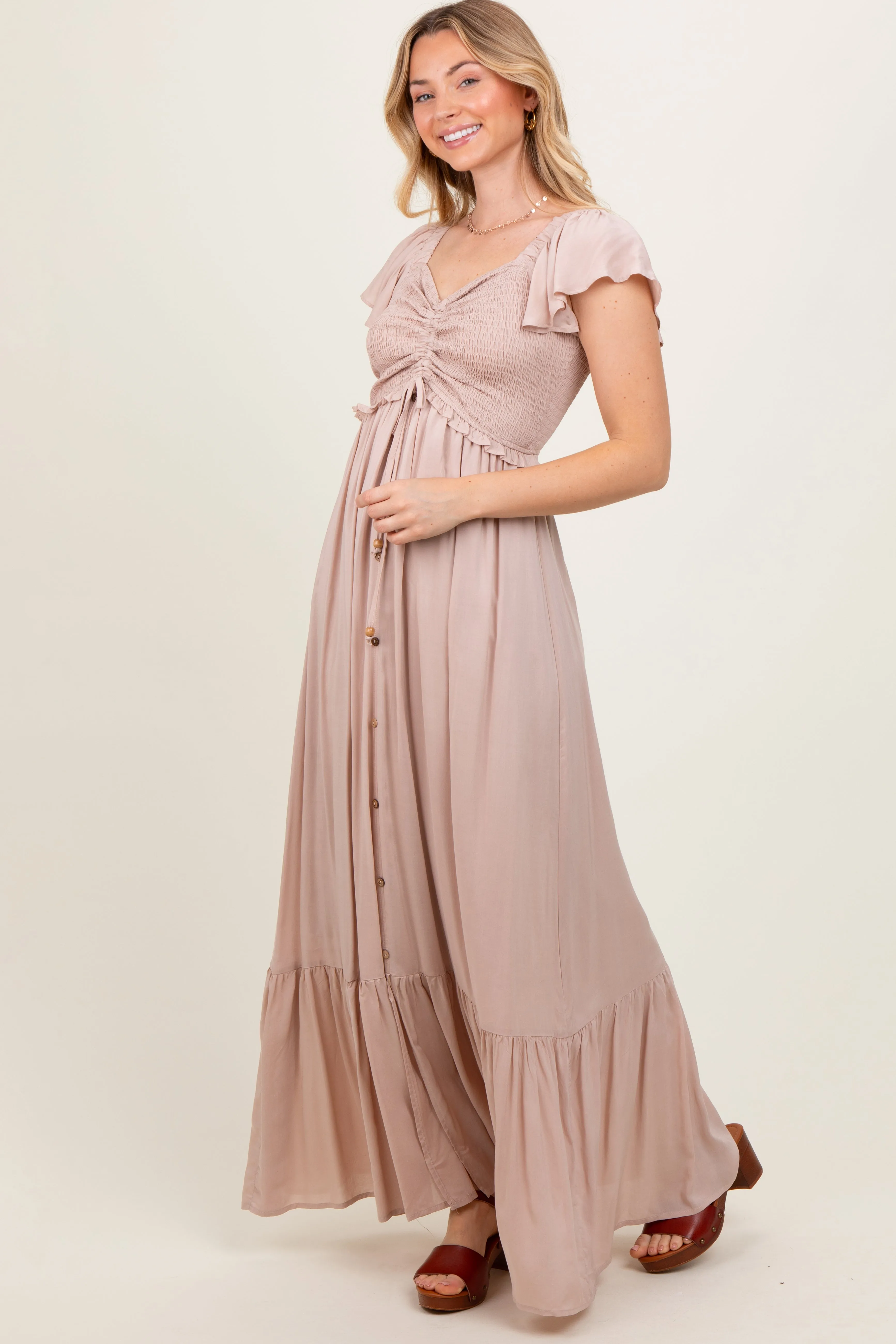 Taupe Smocked Top Woven Maxi Dress sold by Pinkblush product image thumbnail 3